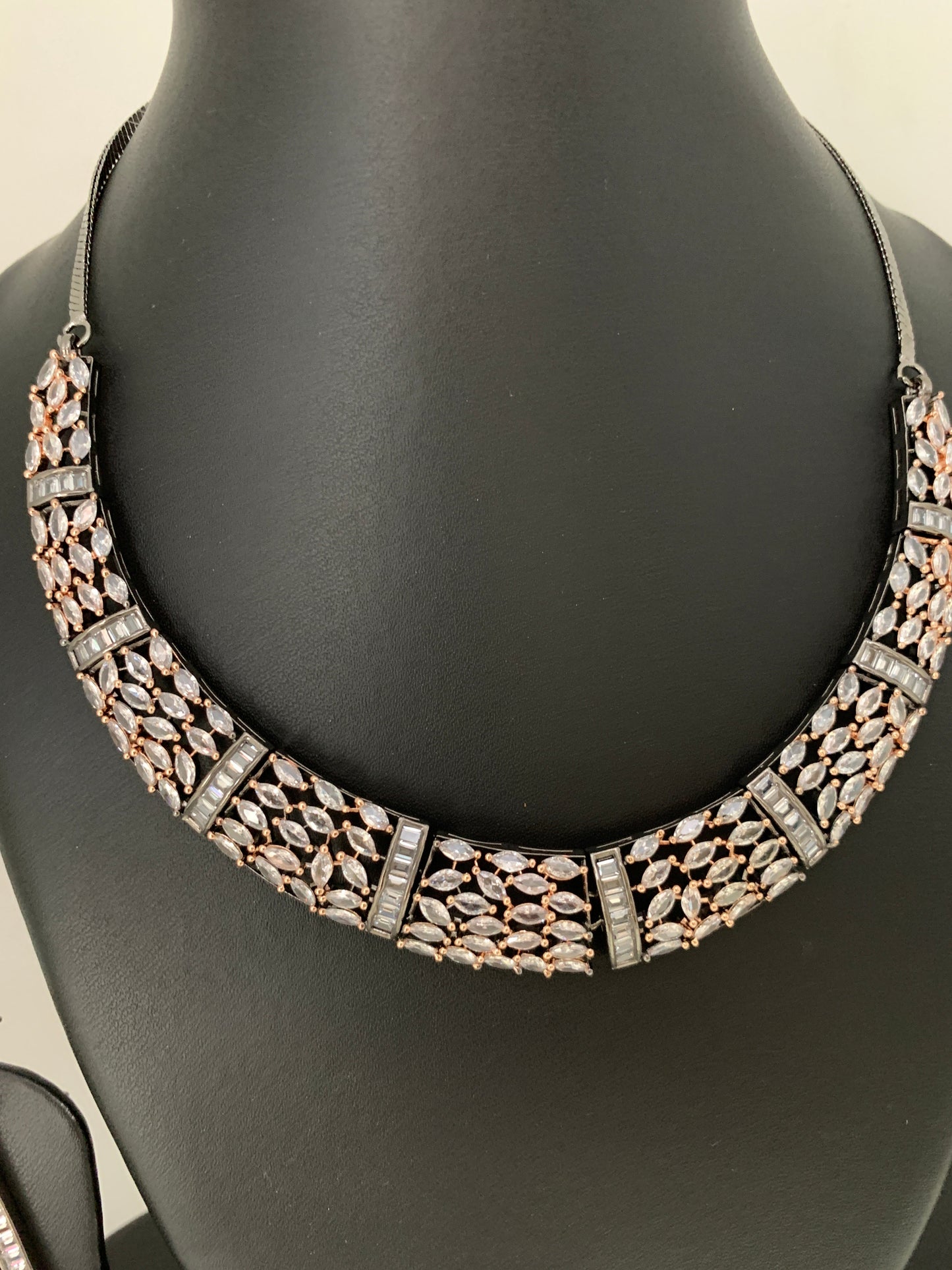 Marquis AD Clear Stone Neckline Necklace in Victorain Dual Tone Polish