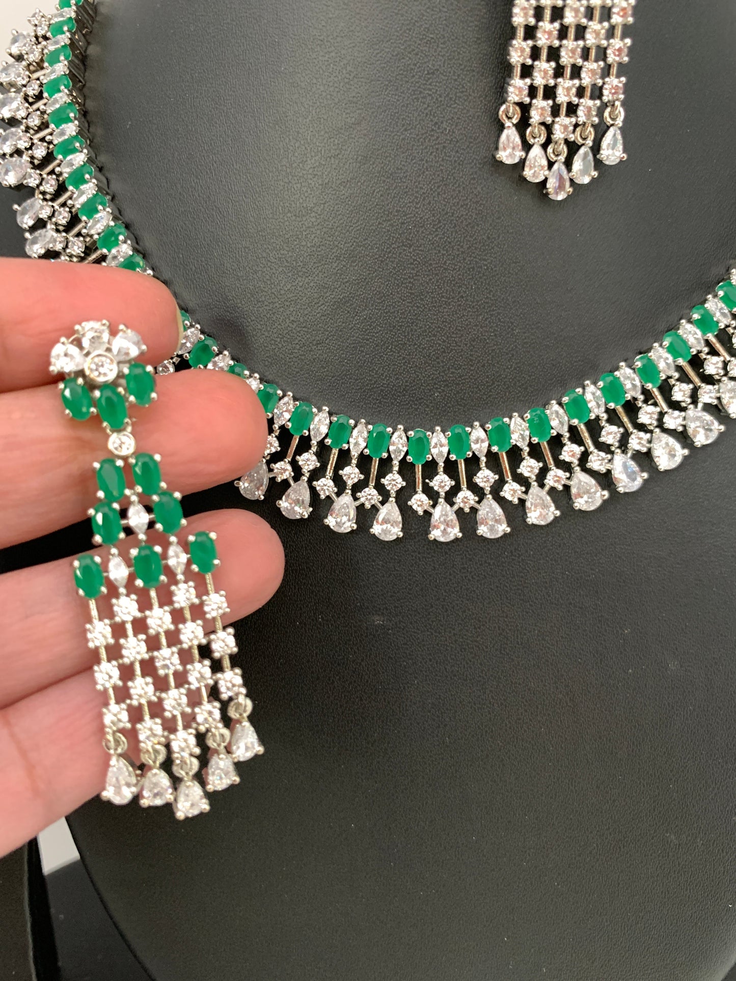 Emerald Green Stone AD Silver Polish Neckline Short Necklace