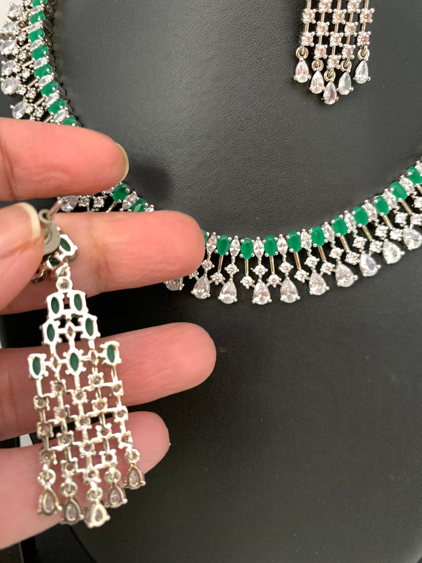 Emerald Green Stone AD Silver Polish Neckline Short Necklace
