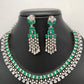 Emerald Green Stone AD Silver Polish Neckline Short Necklace