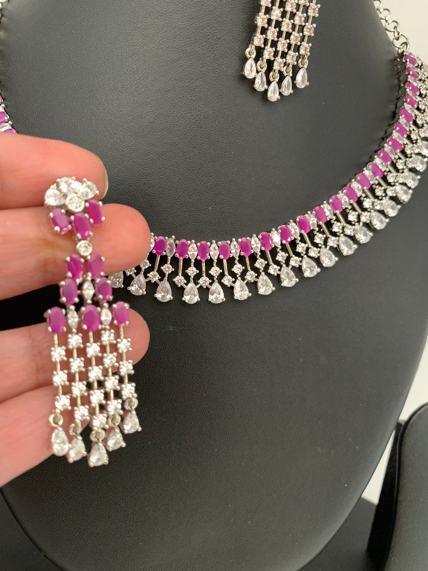 Ruby Red Stone AD Silver Polish Neckline Short Necklace