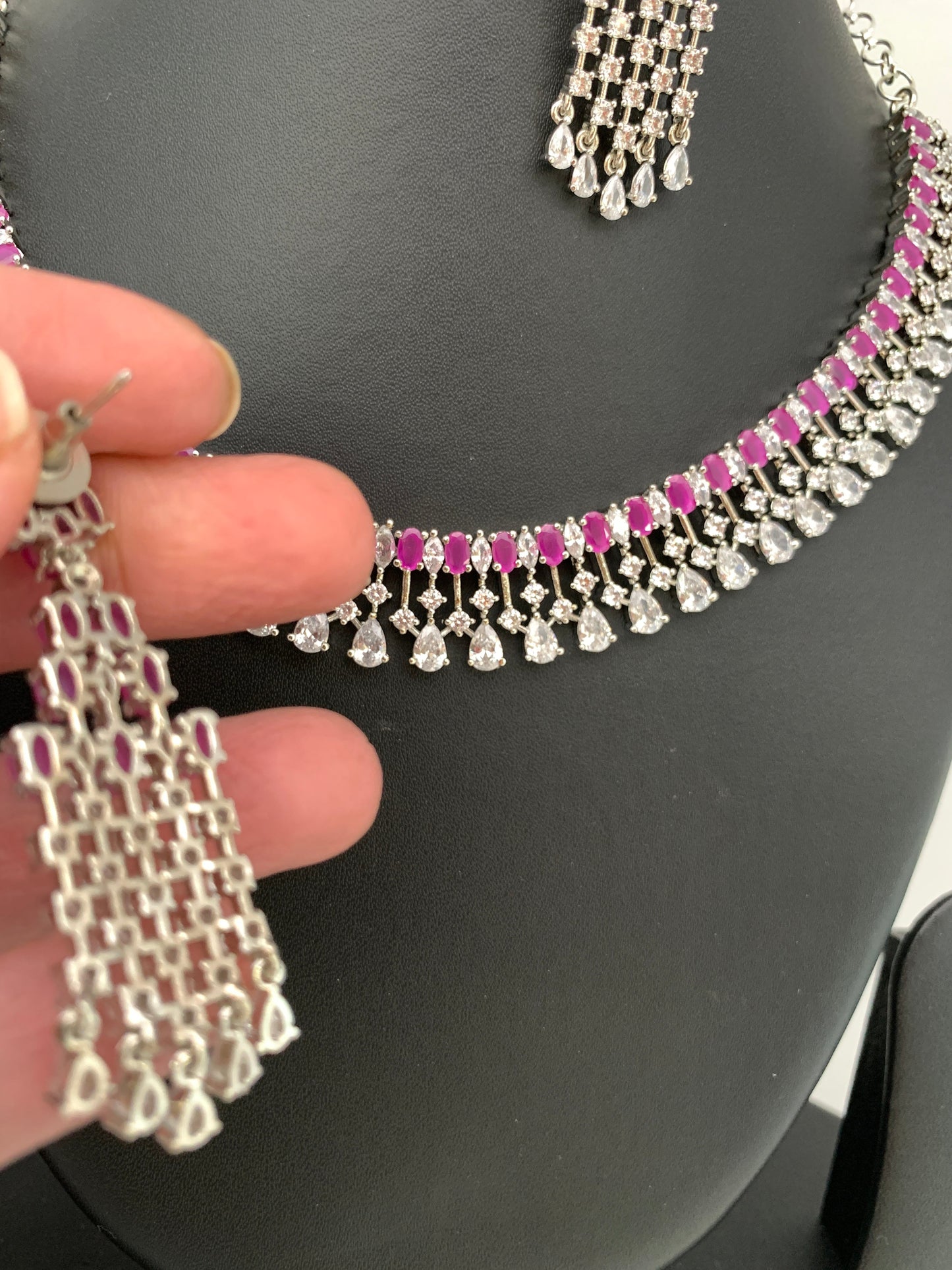 Ruby Red Stone AD Silver Polish Neckline Short Necklace