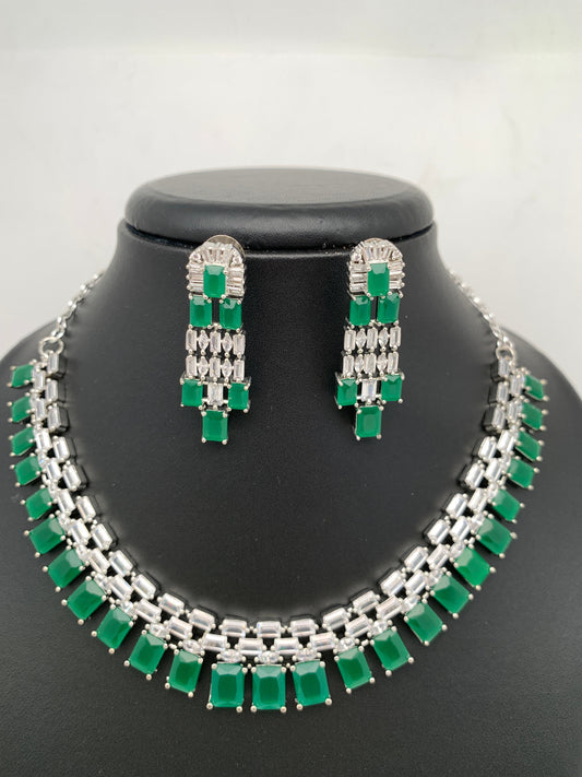 Emerald Green Baguette Stone AD Silver Polish Neckline Short Necklace