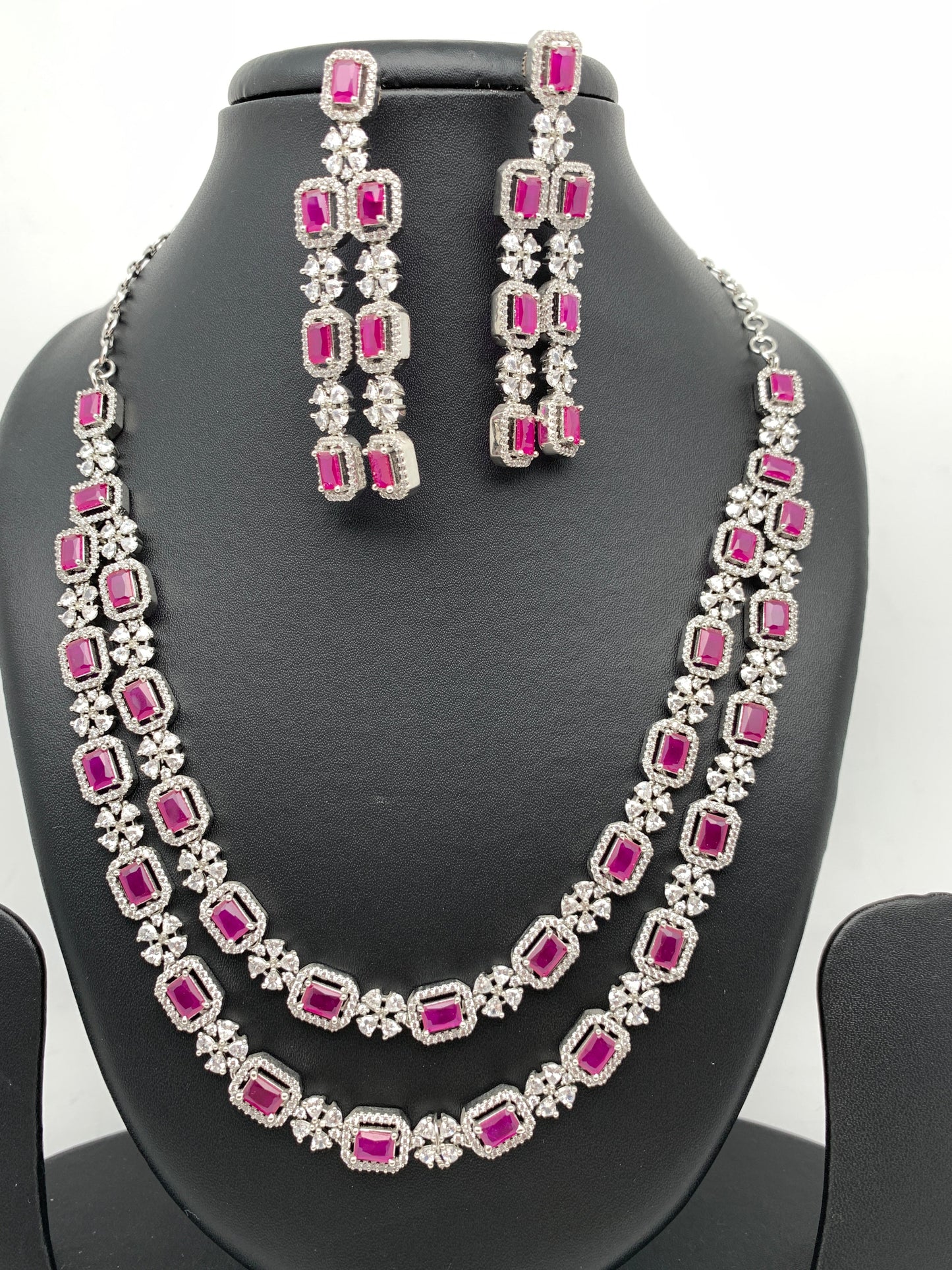 Double Layer Ruby Red Stone AD Silver Polish Short Necklace