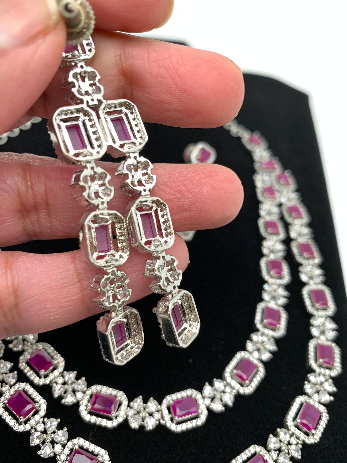 Double Layer Ruby Red Stone AD Silver Polish Short Necklace