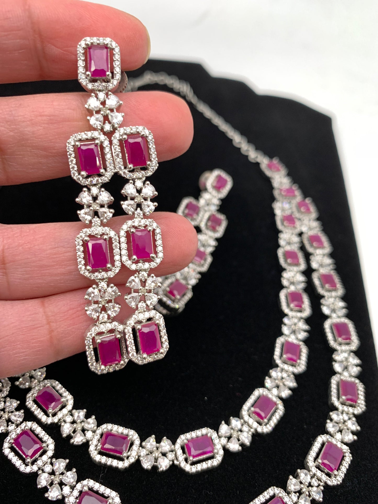 Double Layer Ruby Red Stone AD Silver Polish Short Necklace