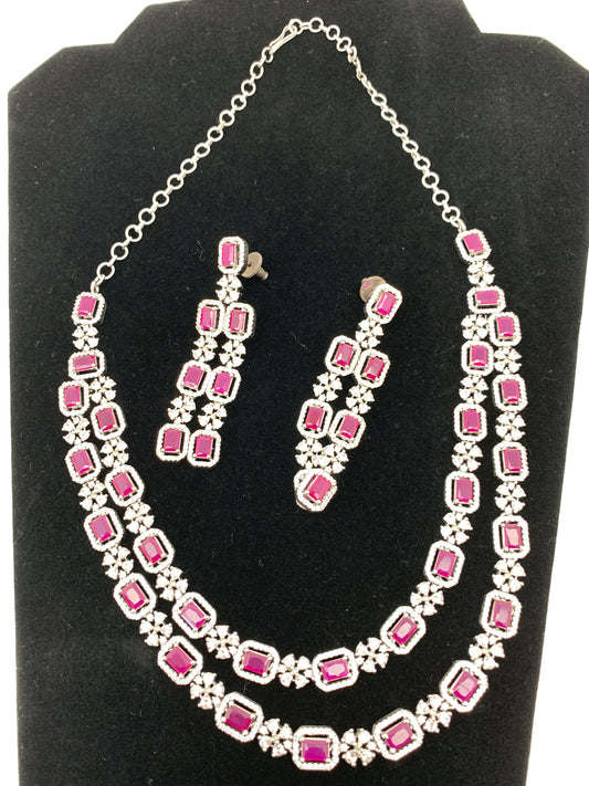 Double Layer Ruby Red Stone AD Silver Polish Short Necklace