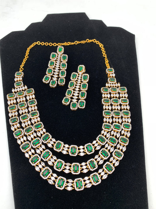 Emerald Green Doublet Triple Layer Baguette AD Short Necklace