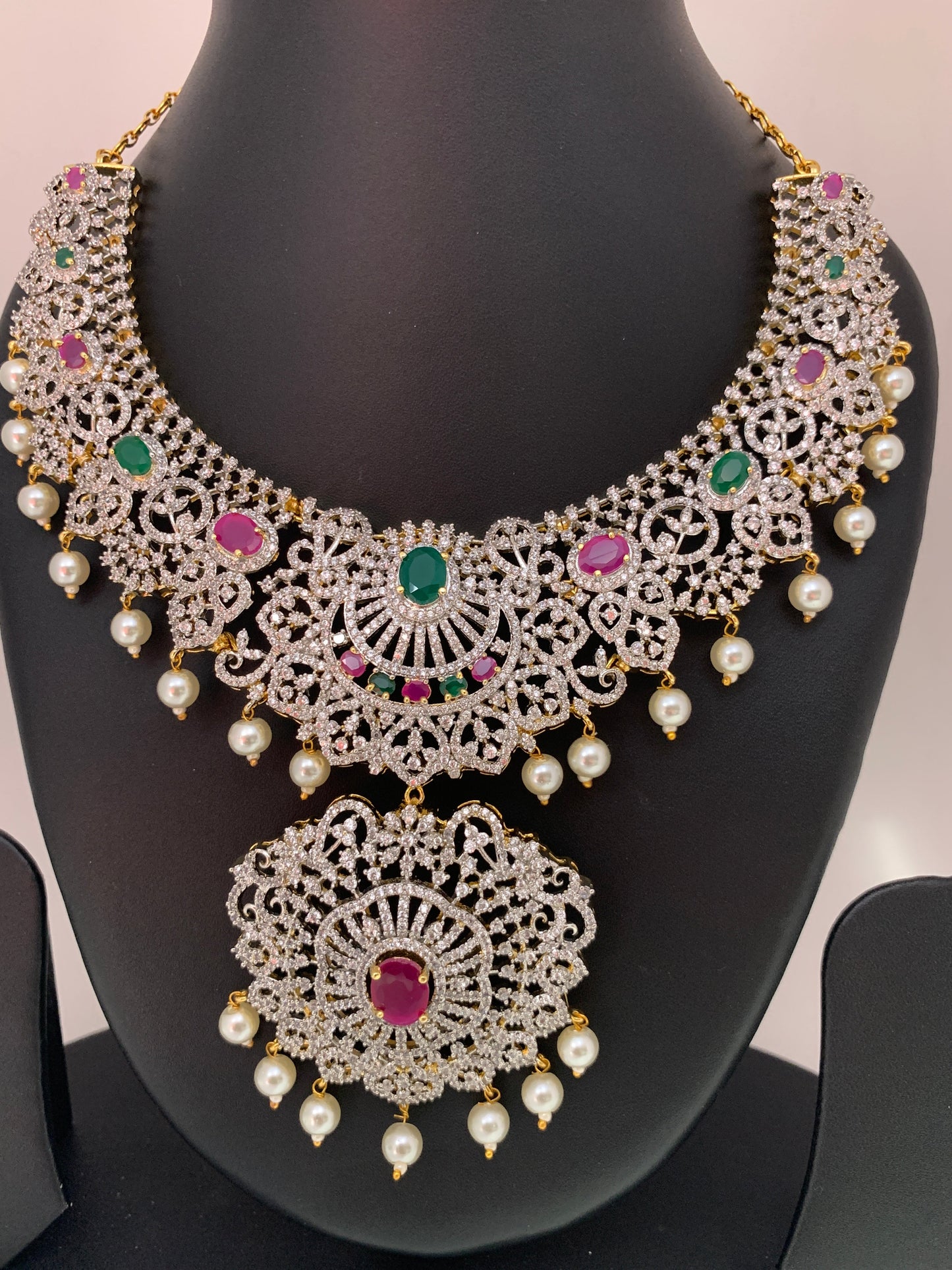 AD Multi Color Stone Ganga Jamuna Polish Neckline Short Necklace