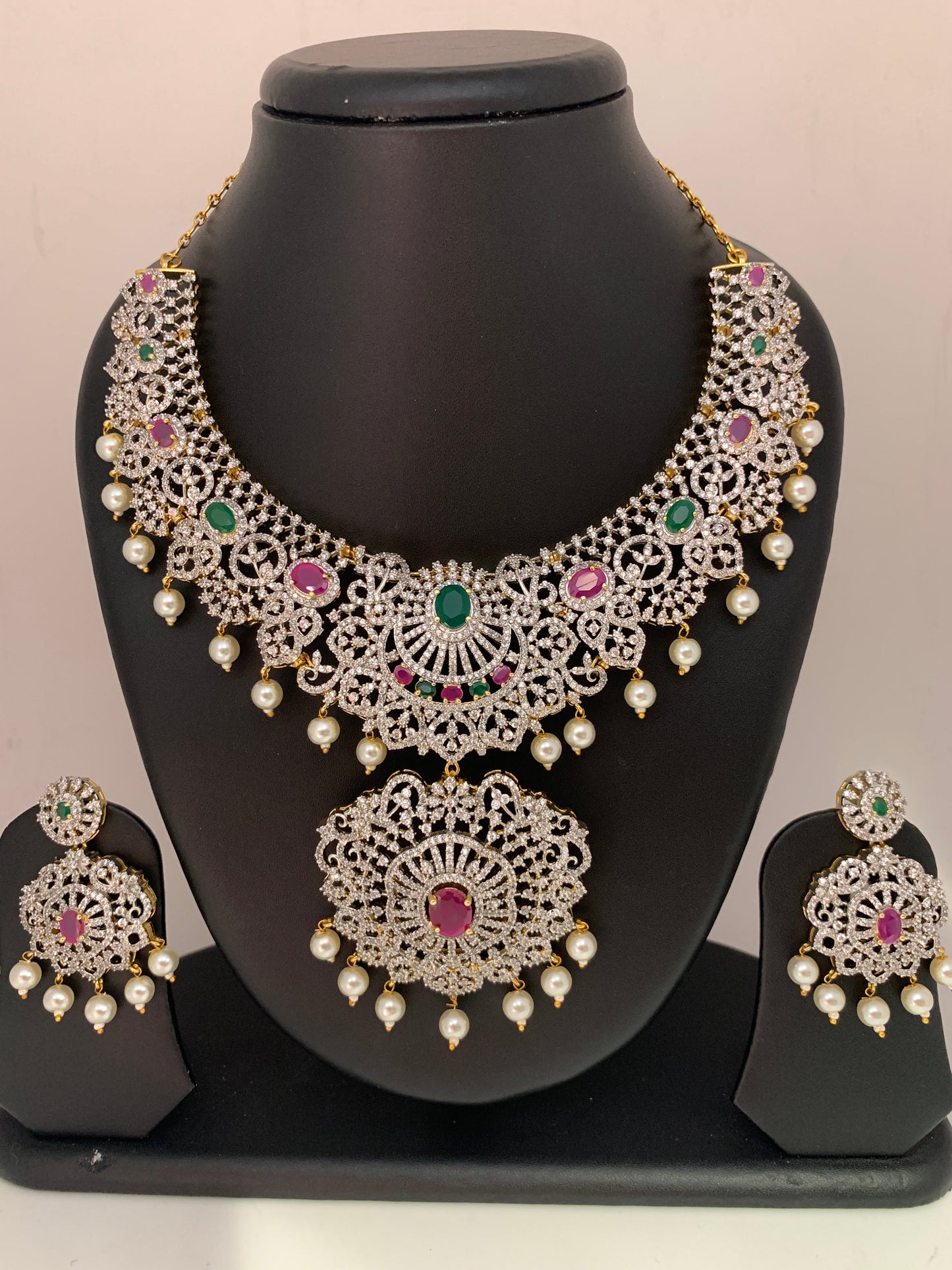 AD Multi Color Stone Ganga Jamuna Polish Neckline Short Necklace