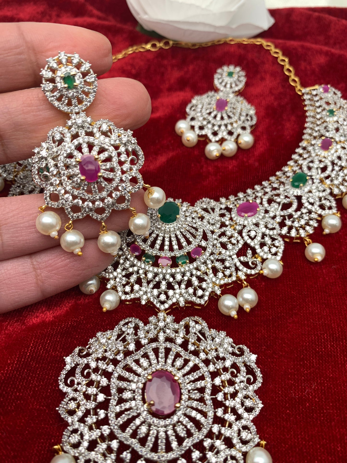 AD Multi Color Stone Ganga Jamuna Polish Neckline Short Necklace