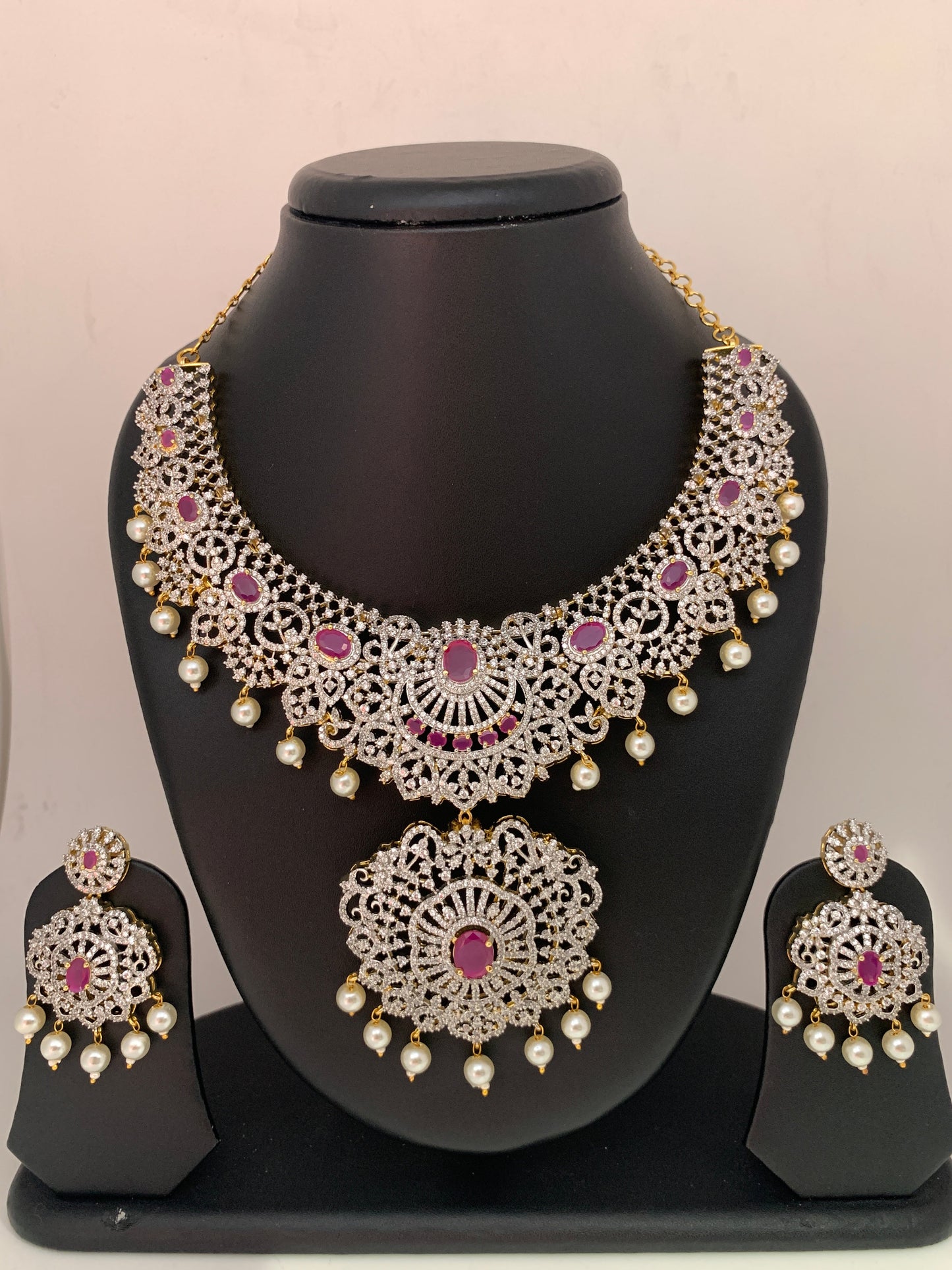 AD Ruby Red Stone Ganga Jamuna Polish Neckline Short Necklace