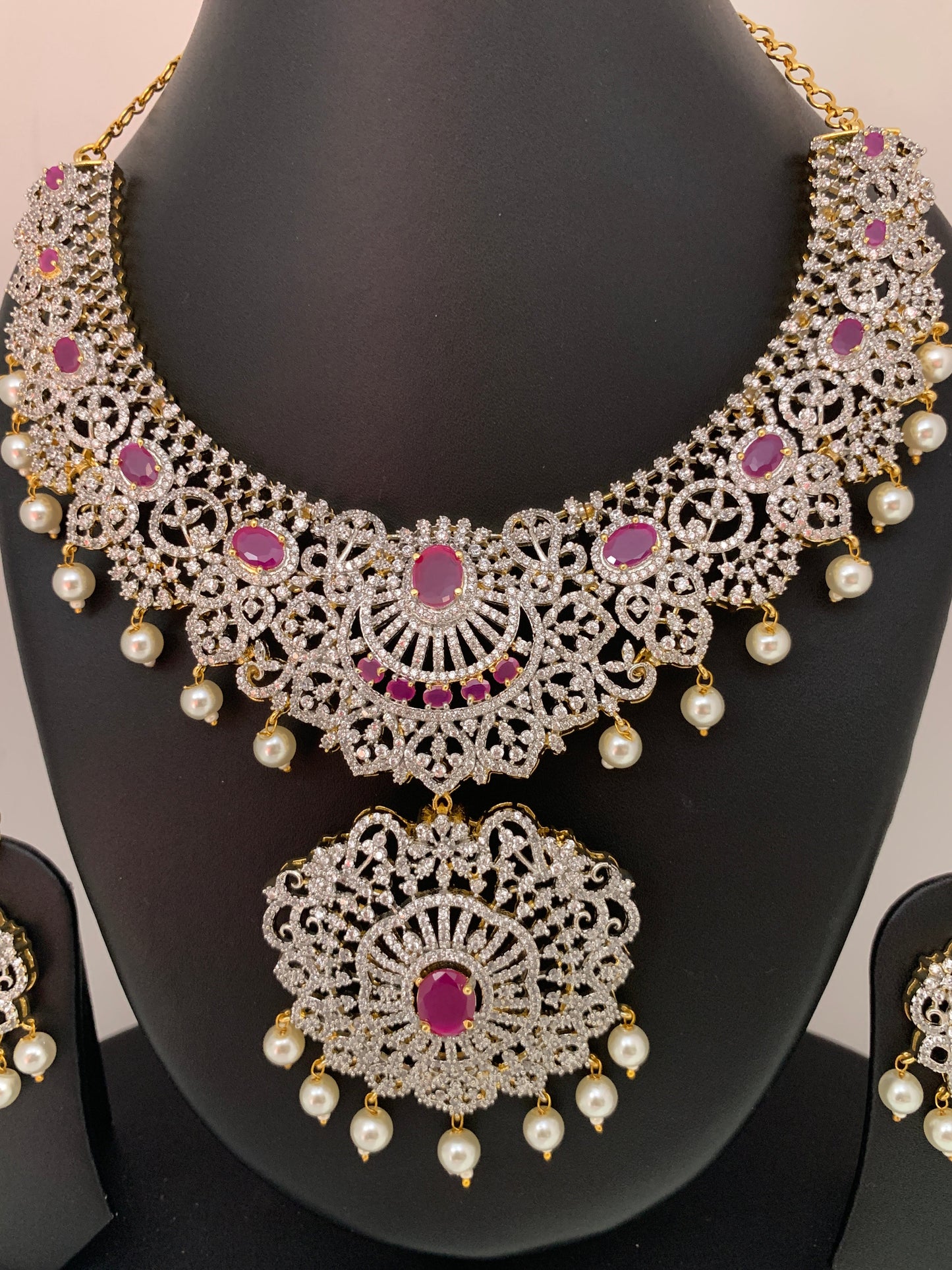 AD Ruby Red Stone Ganga Jamuna Polish Neckline Short Necklace