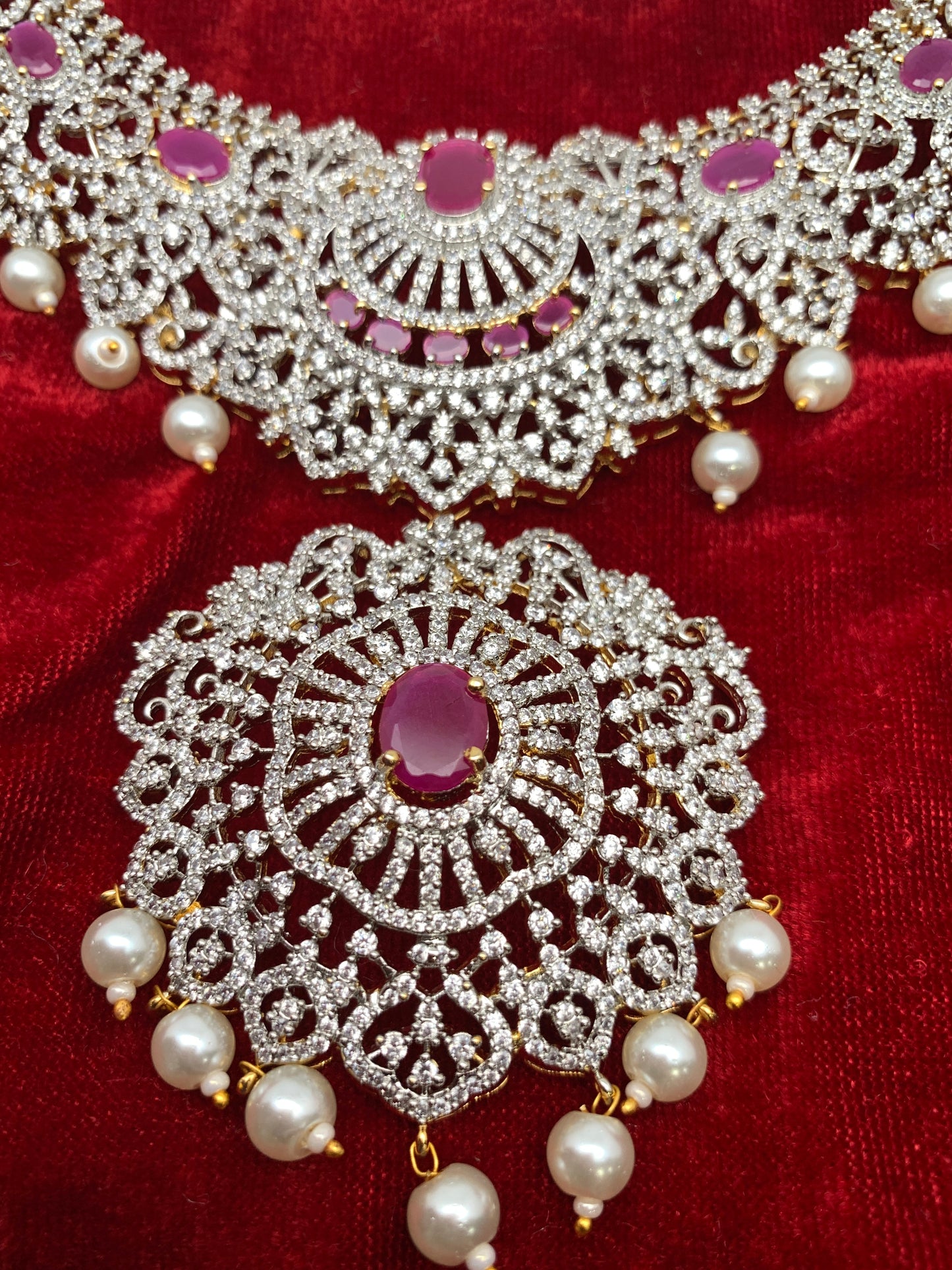 AD Ruby Red Stone Ganga Jamuna Polish Neckline Short Necklace