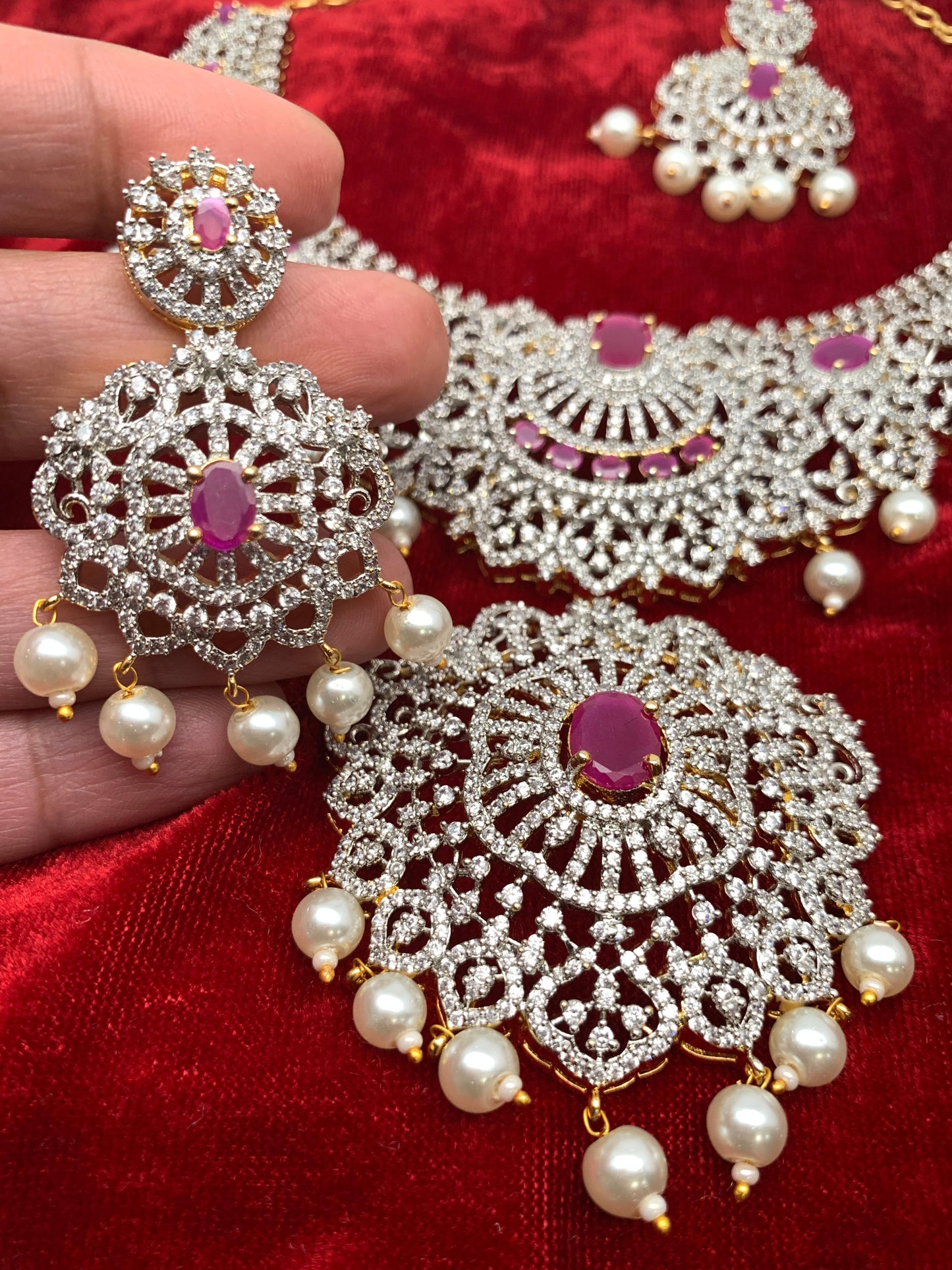 AD Ruby Red Stone Ganga Jamuna Polish Neckline Short Necklace
