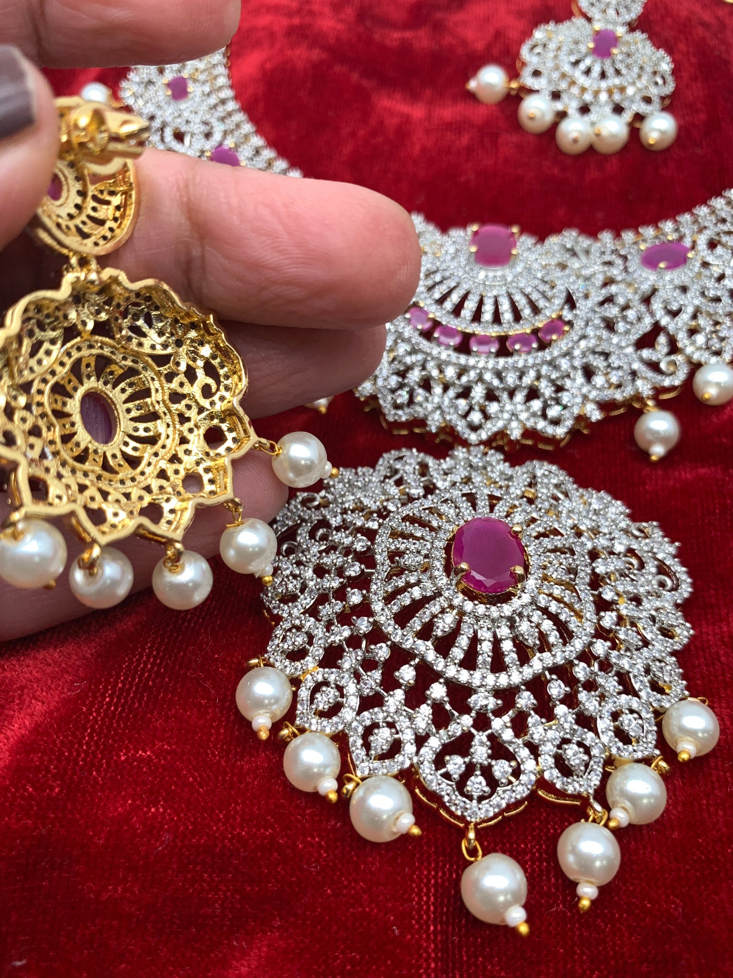 AD Ruby Red Stone Ganga Jamuna Polish Neckline Short Necklace