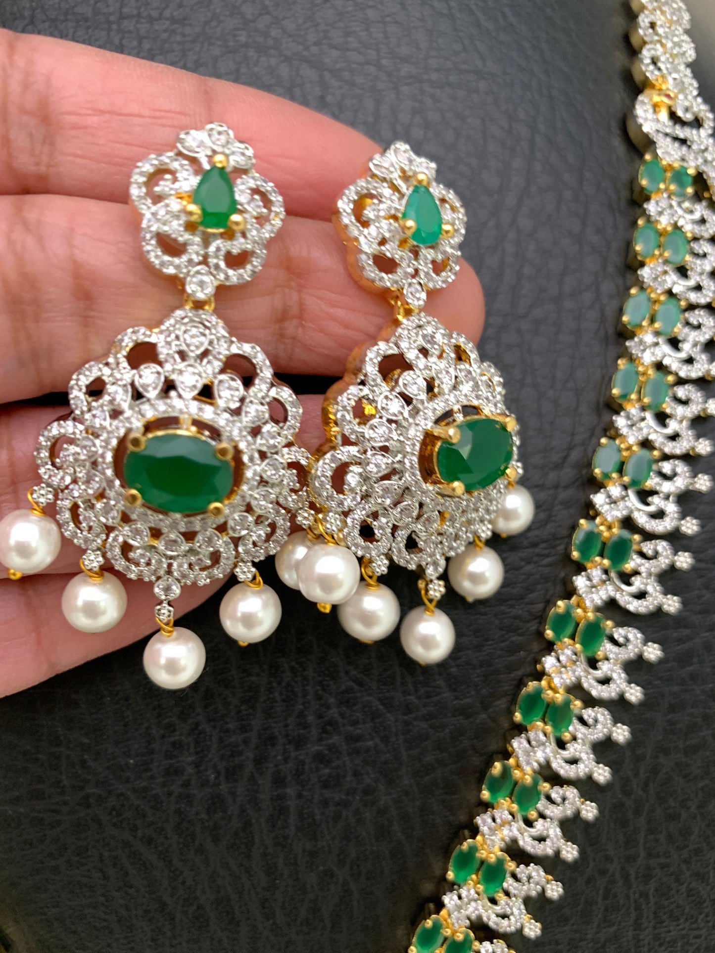 AD Emerald Green Stone Peacock Design Long Necklace