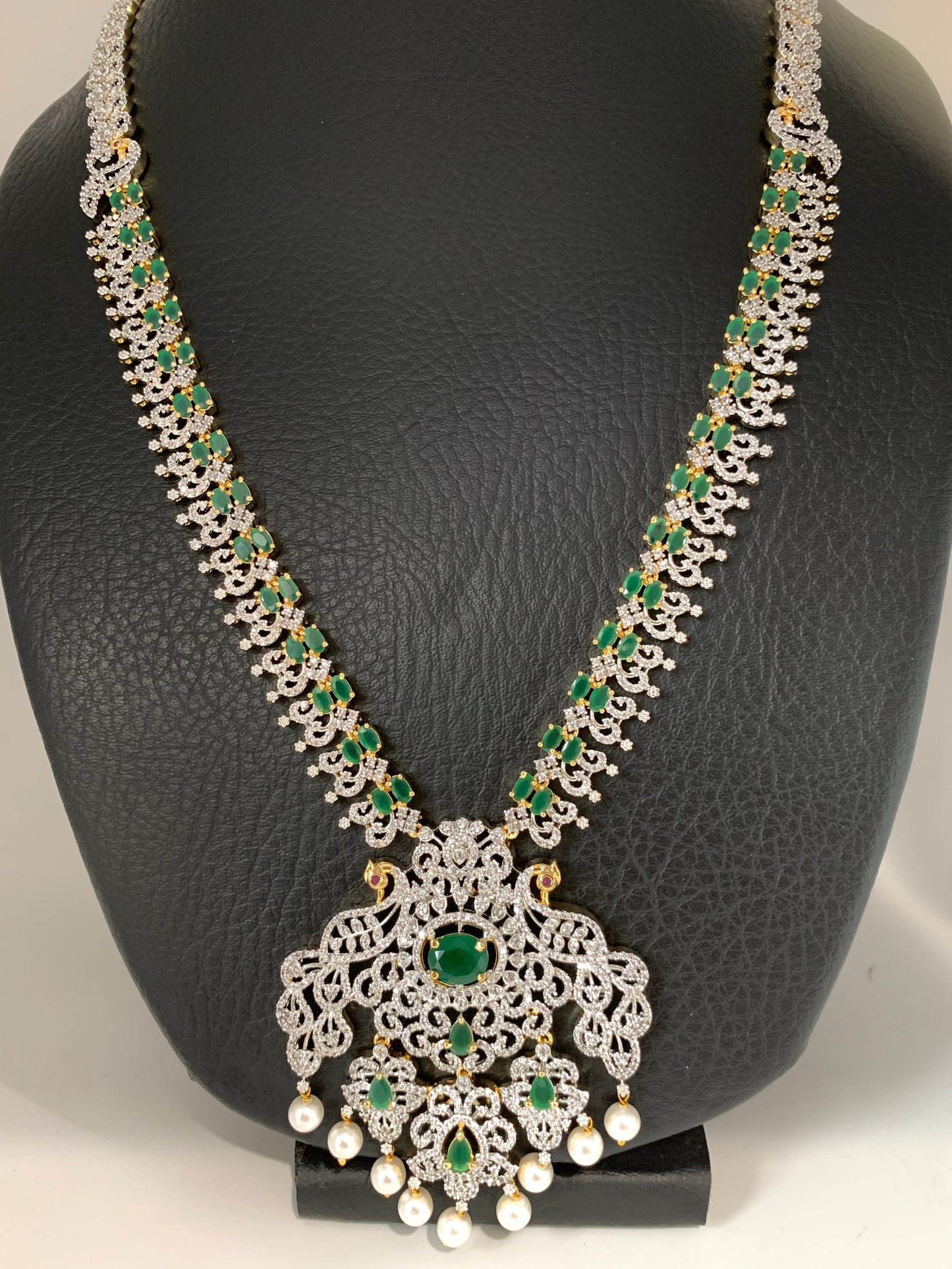 AD Emerald Green Stone Peacock Design Long Necklace