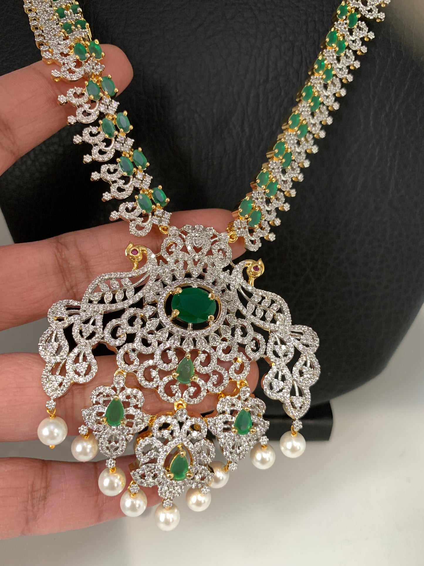 AD Emerald Green Stone Peacock Design Long Necklace