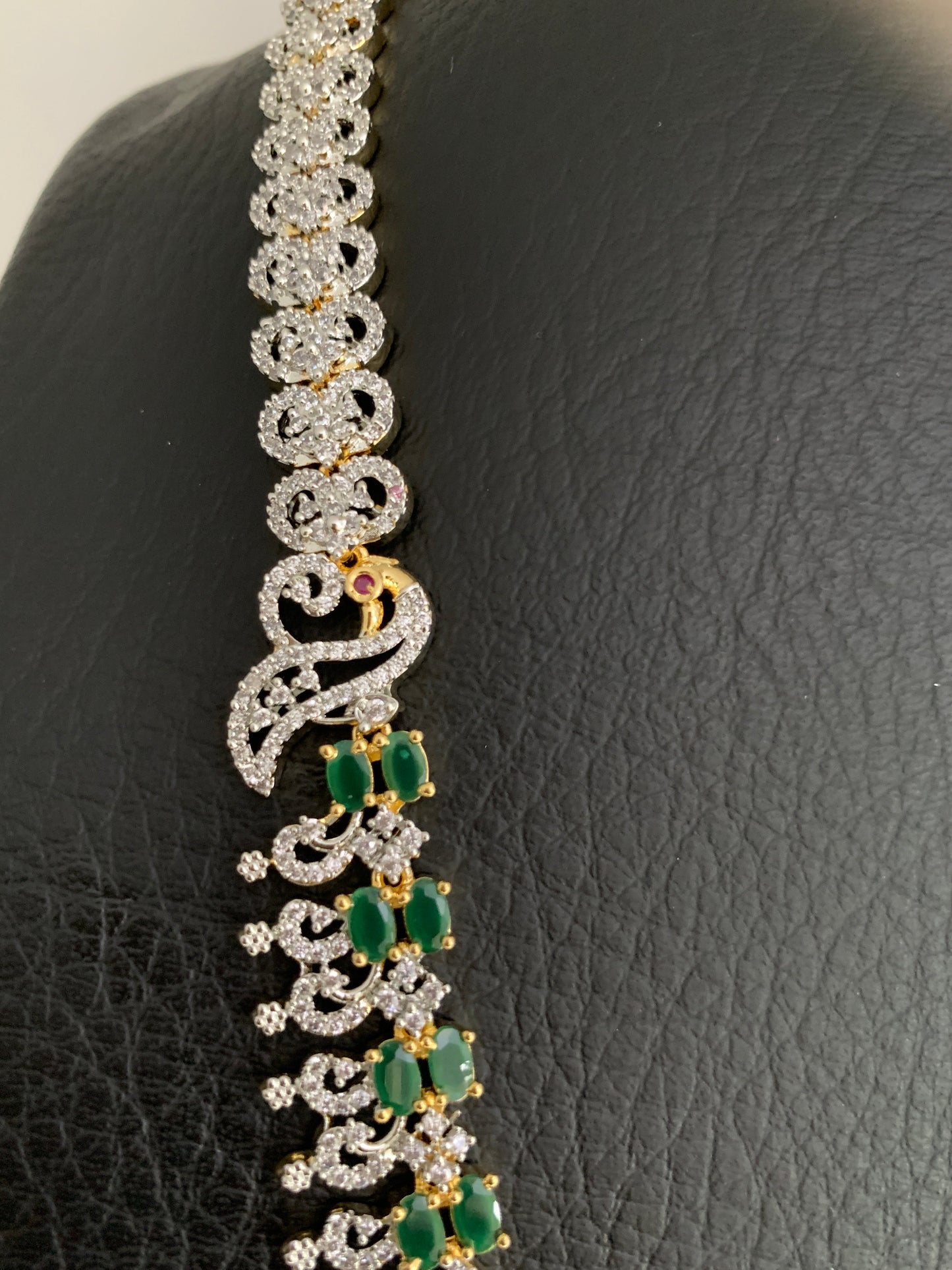 AD Emerald Green Stone Peacock Design Long Necklace