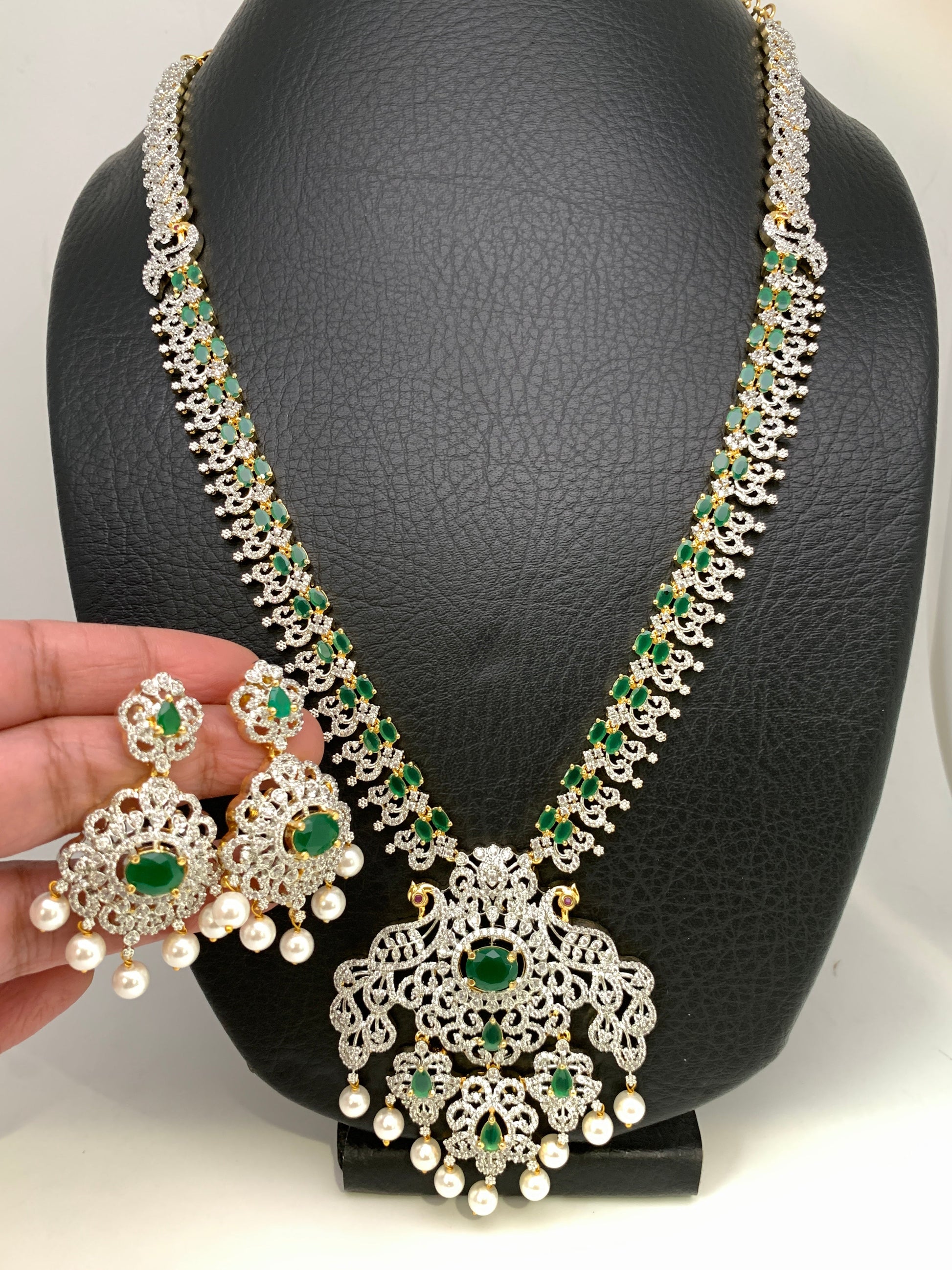 AD Emerald Green Stone Peacock Design Long Necklace