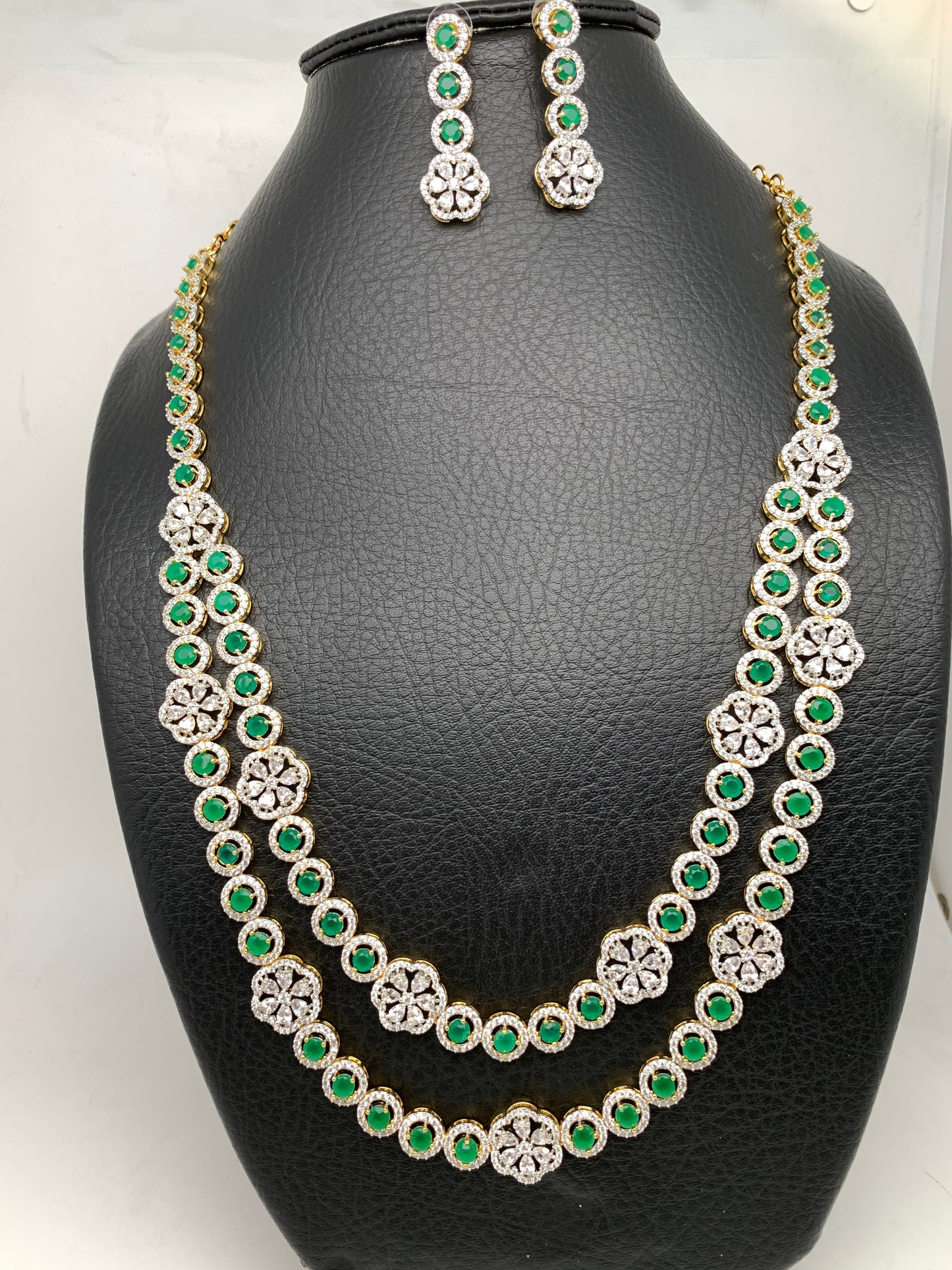 AD Emerald Green Stone Double Layer Long Necklace
