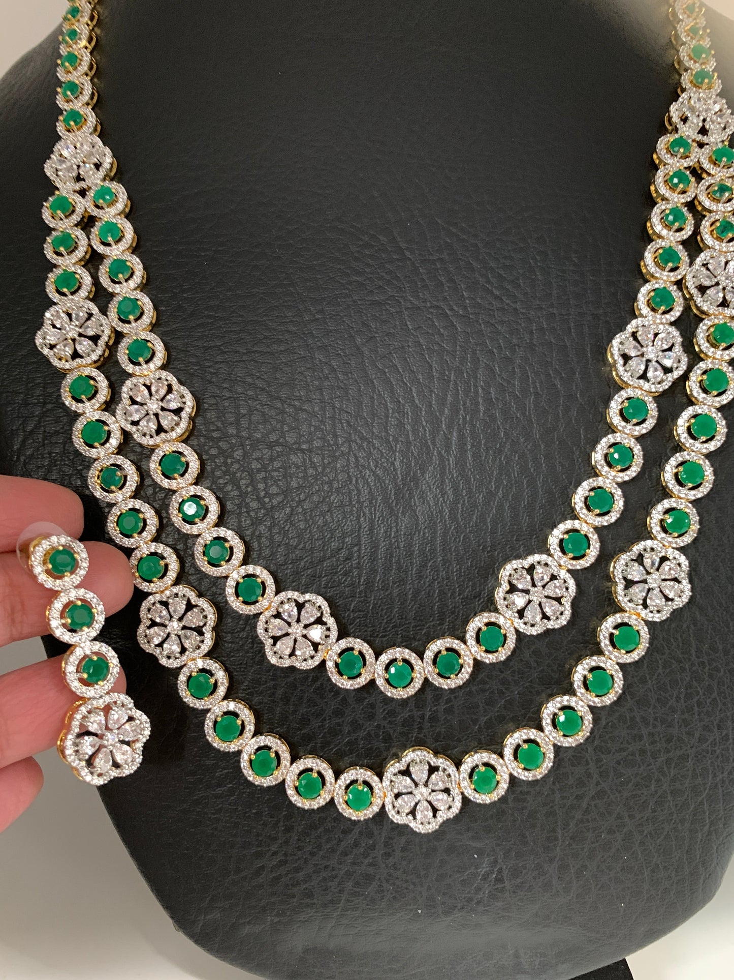 AD Emerald Green Stone Double Layer Long Necklace