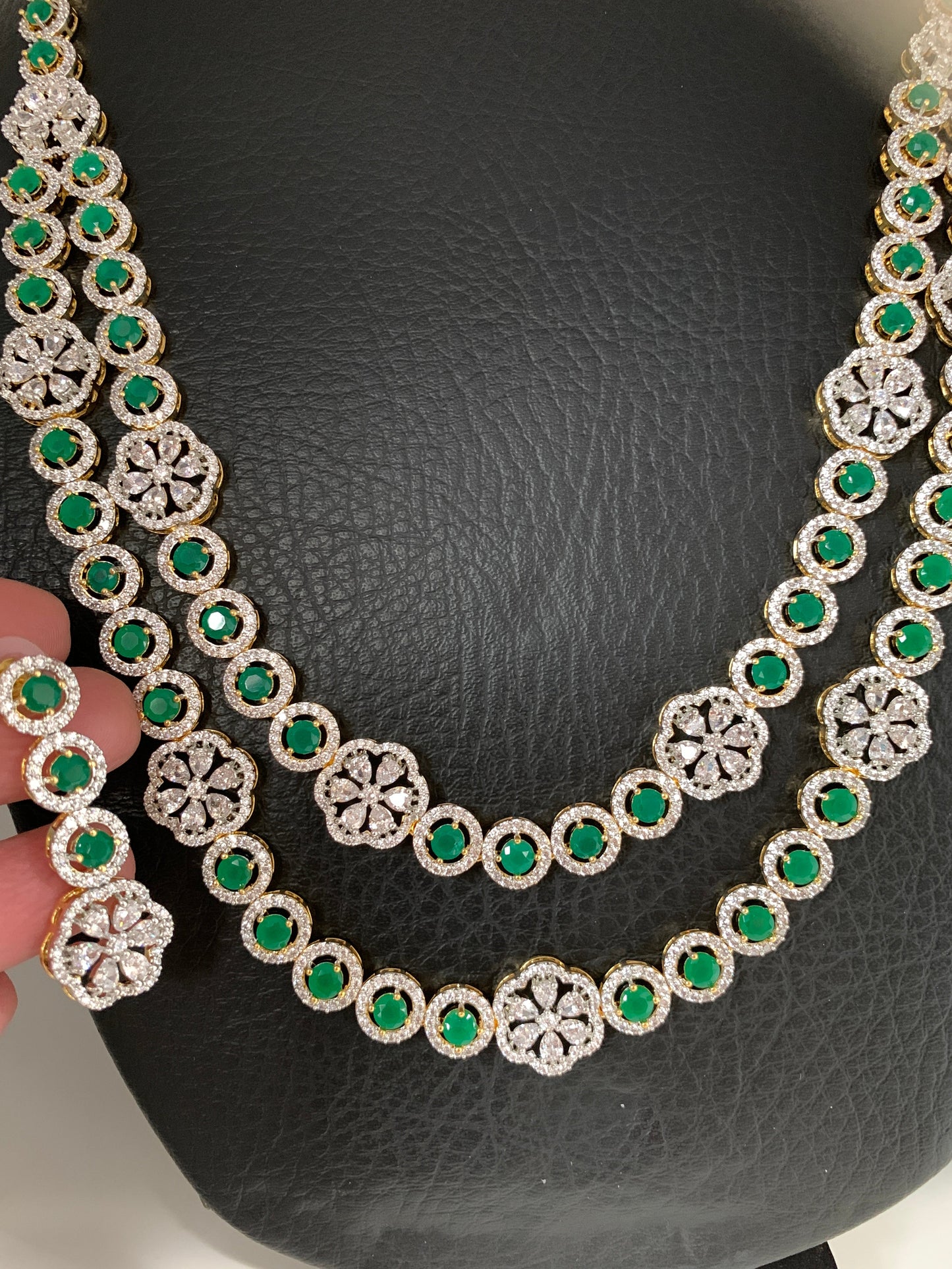 AD Emerald Green Stone Double Layer Long Necklace