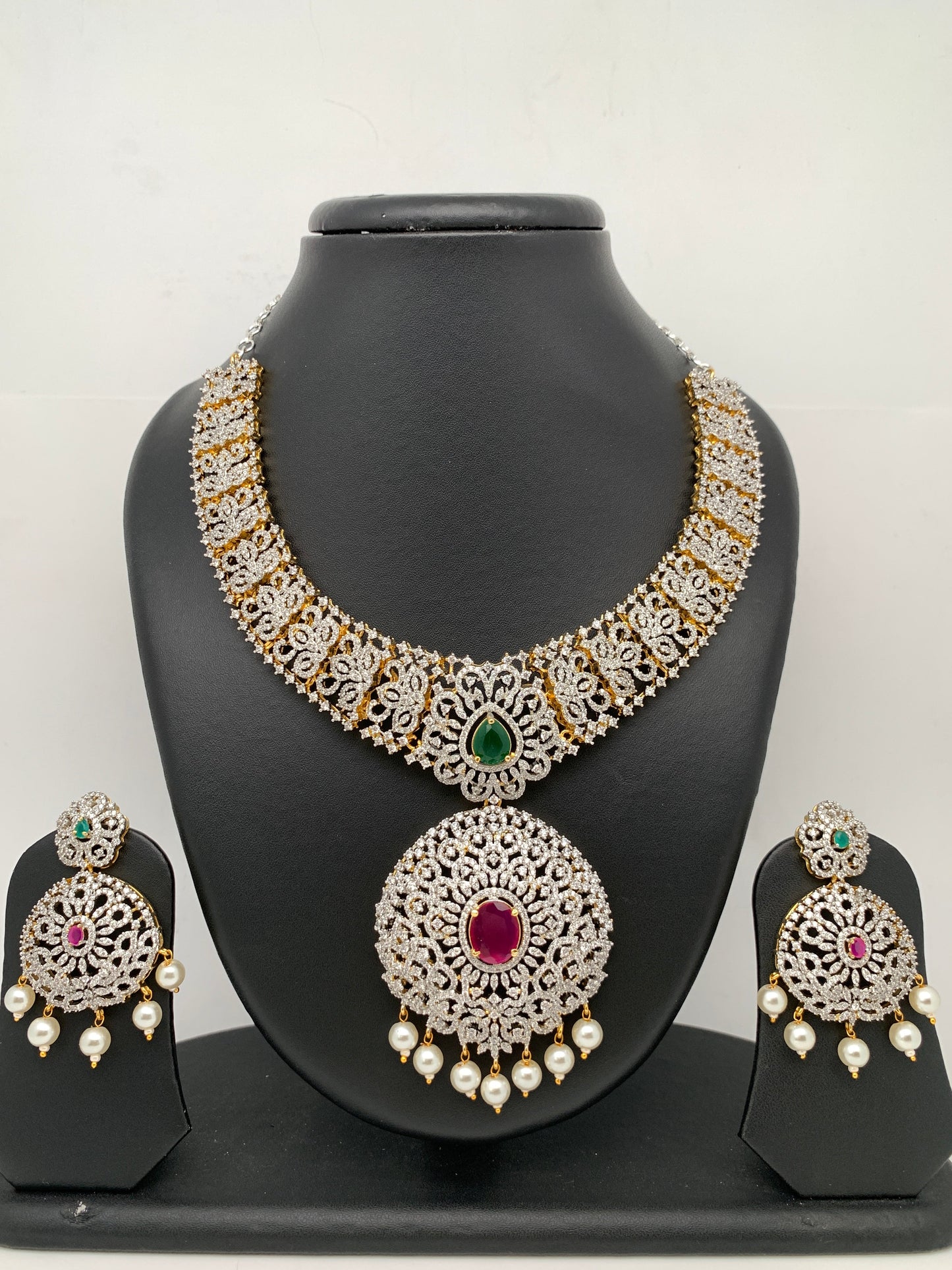 AD Multi Color Stone Ganga Jamuna Polish Neckline Short Necklace