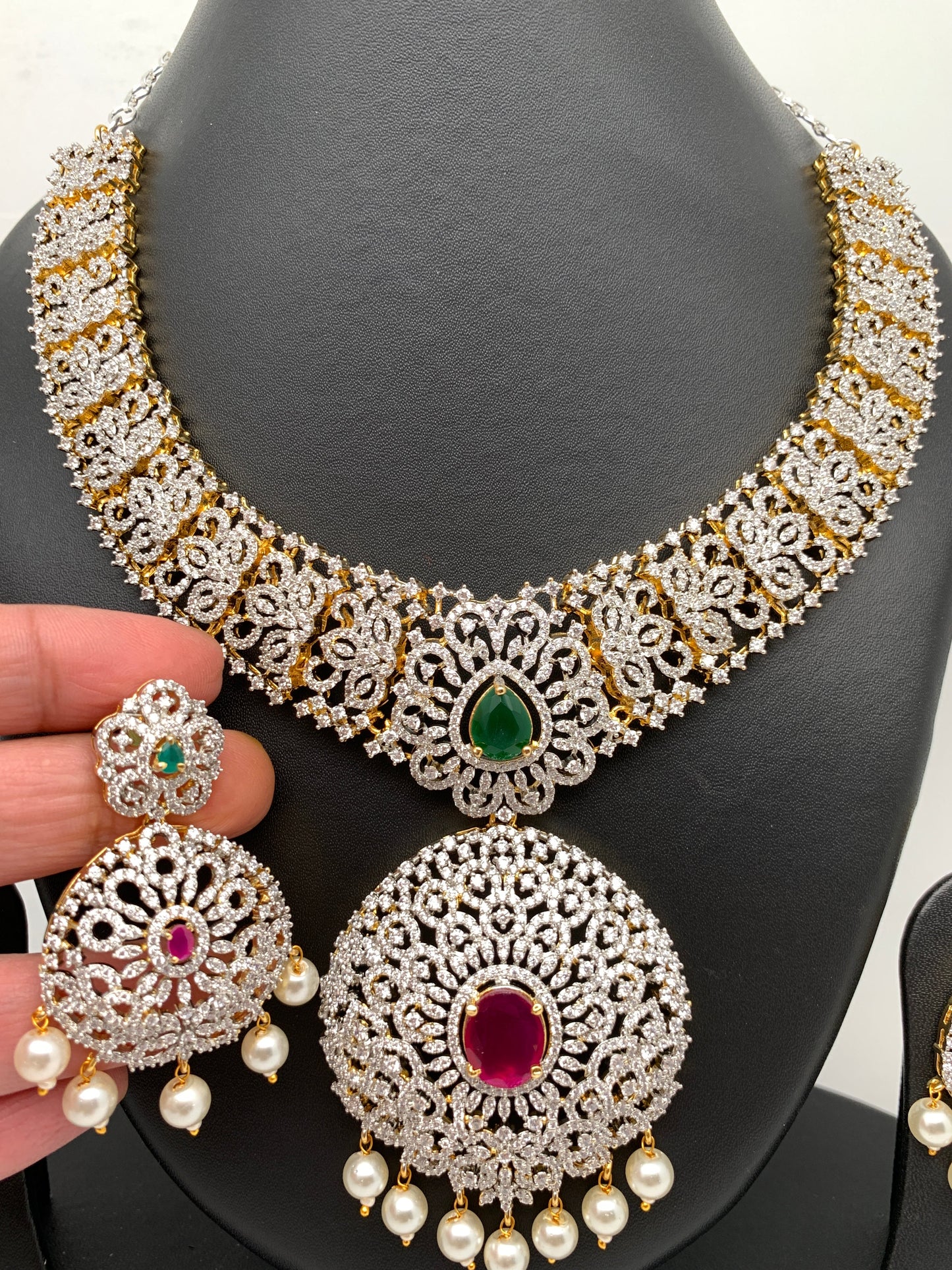 AD Multi Color Stone Ganga Jamuna Polish Neckline Short Necklace
