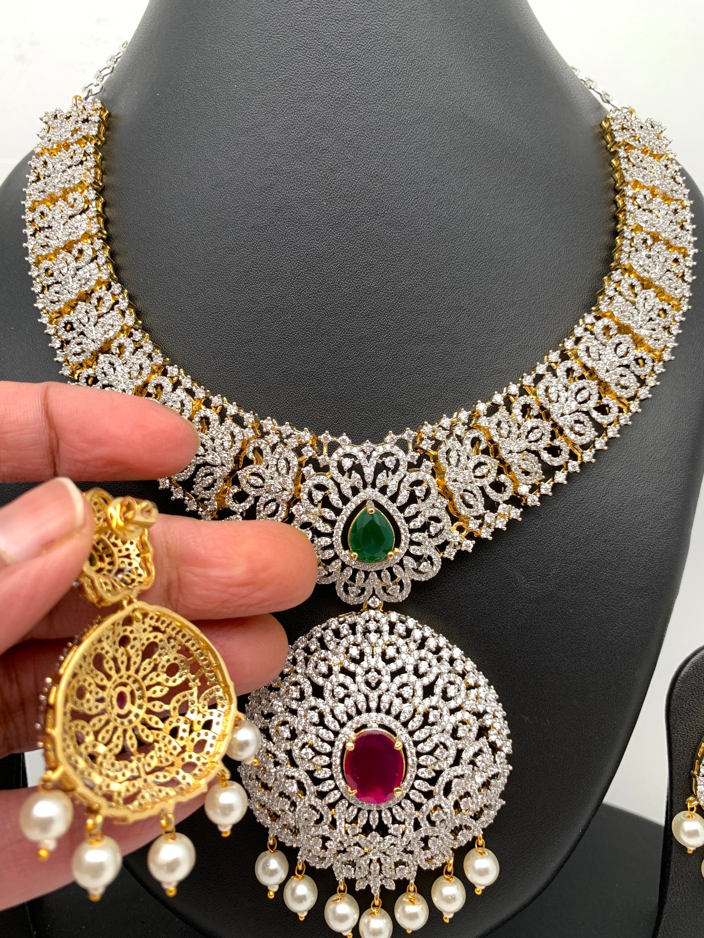 AD Multi Color Stone Ganga Jamuna Polish Neckline Short Necklace