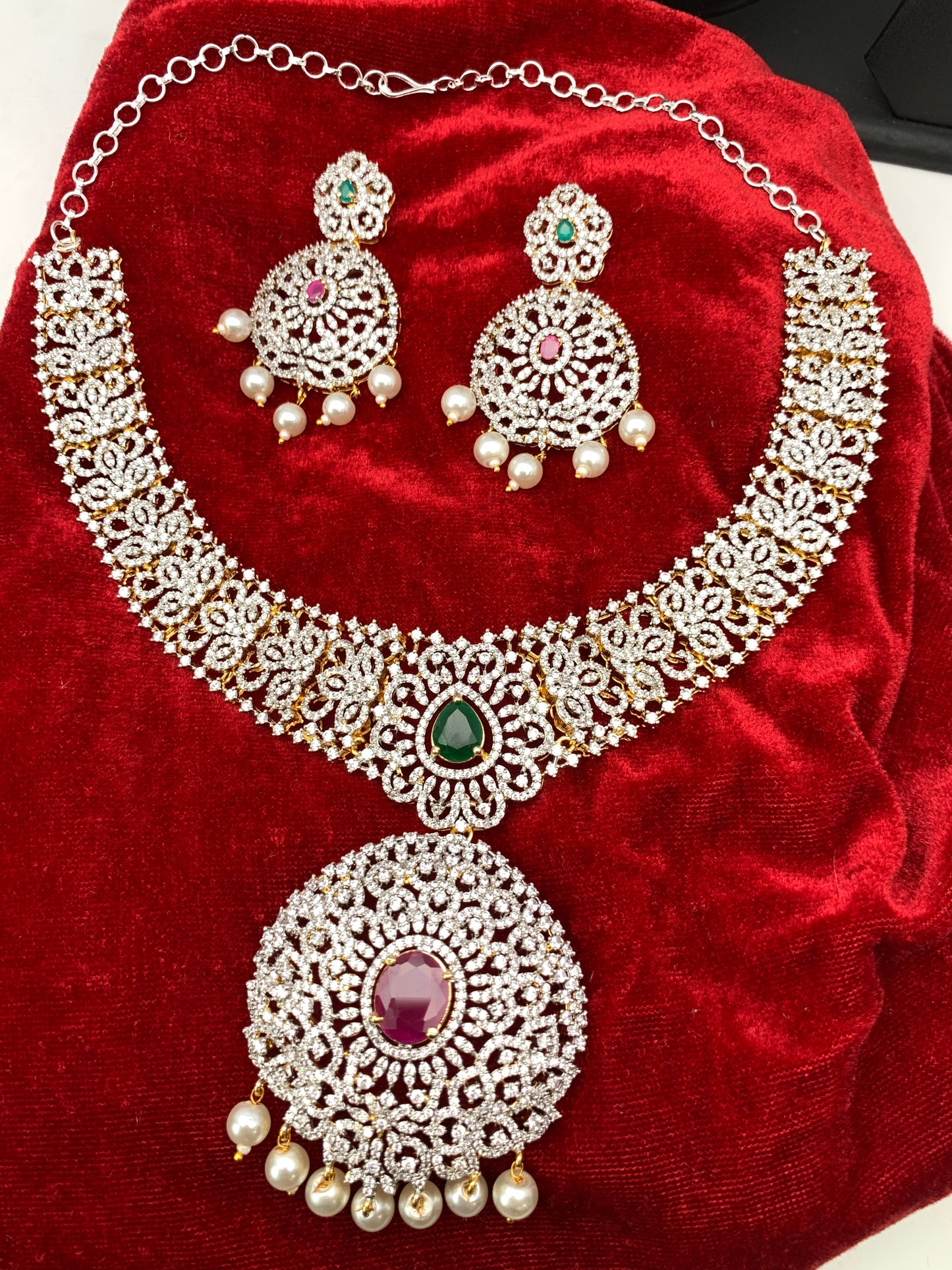 AD Multi Color Stone Ganga Jamuna Polish Neckline Short Necklace