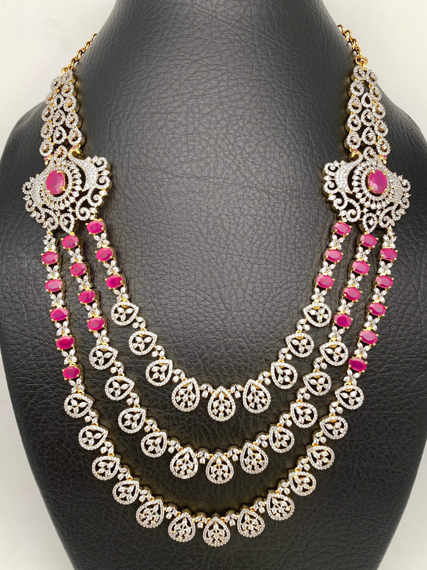 AD Ruby Pink Stone Multi Layer Long Necklace