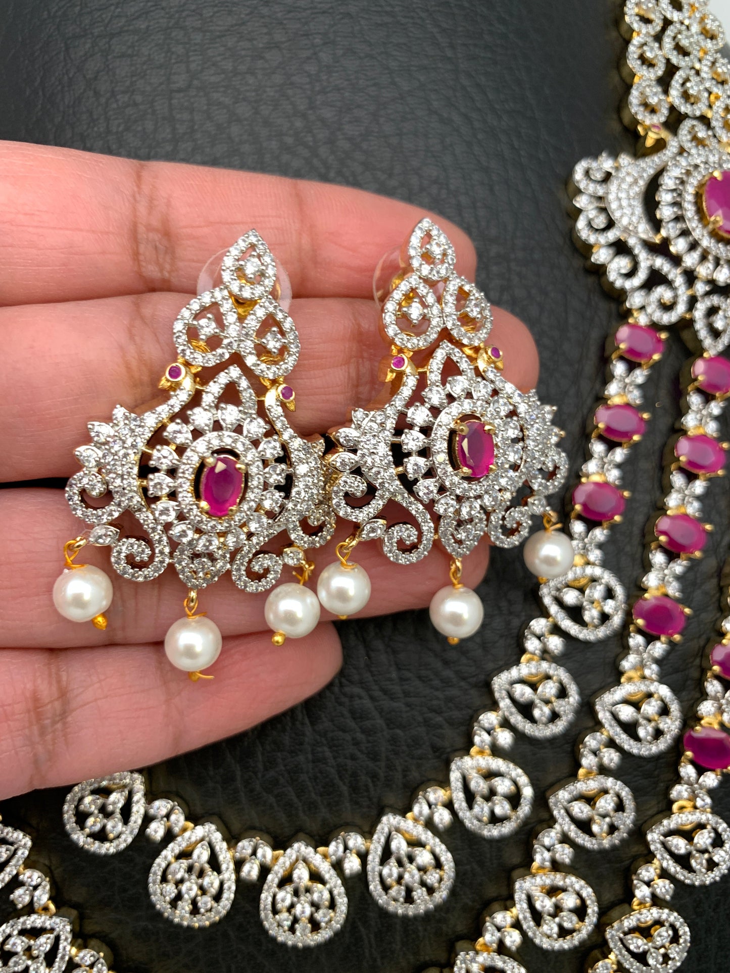 AD Ruby Pink Stone Multi Layer Long Necklace
