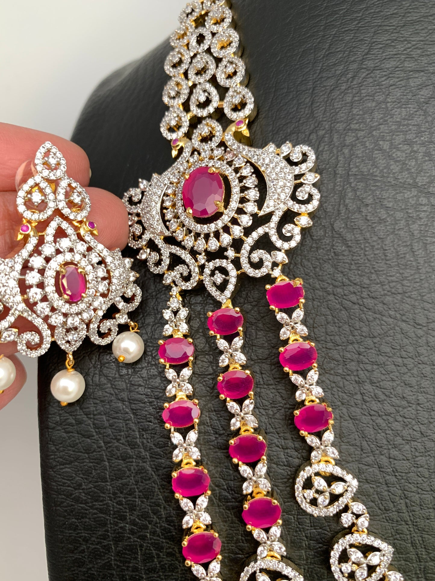 AD Ruby Pink Stone Multi Layer Long Necklace