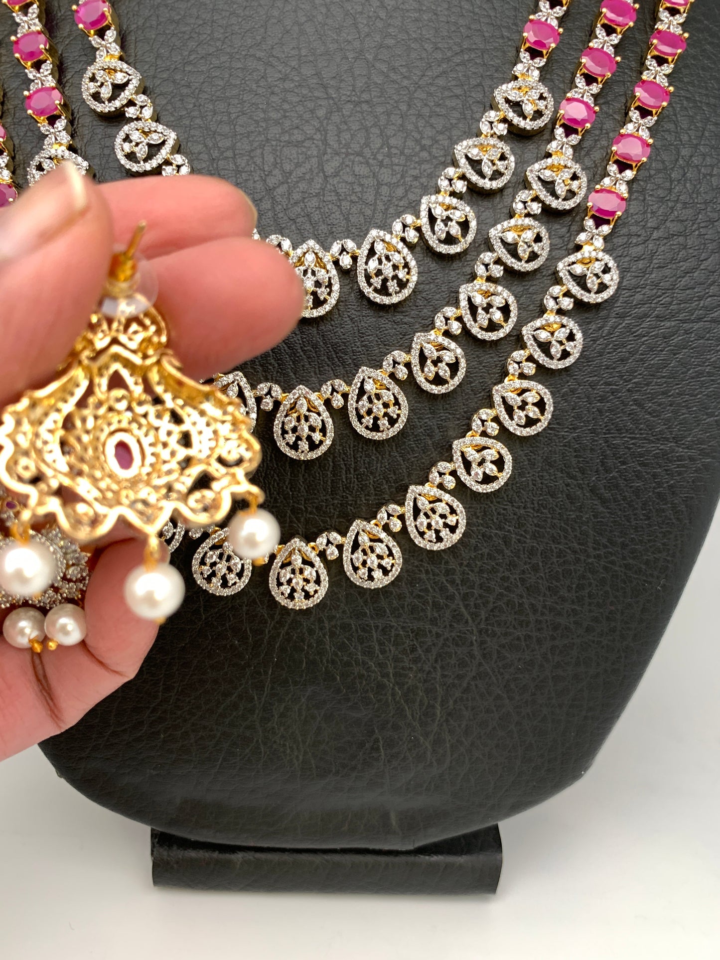 AD Ruby Pink Stone Multi Layer Long Necklace