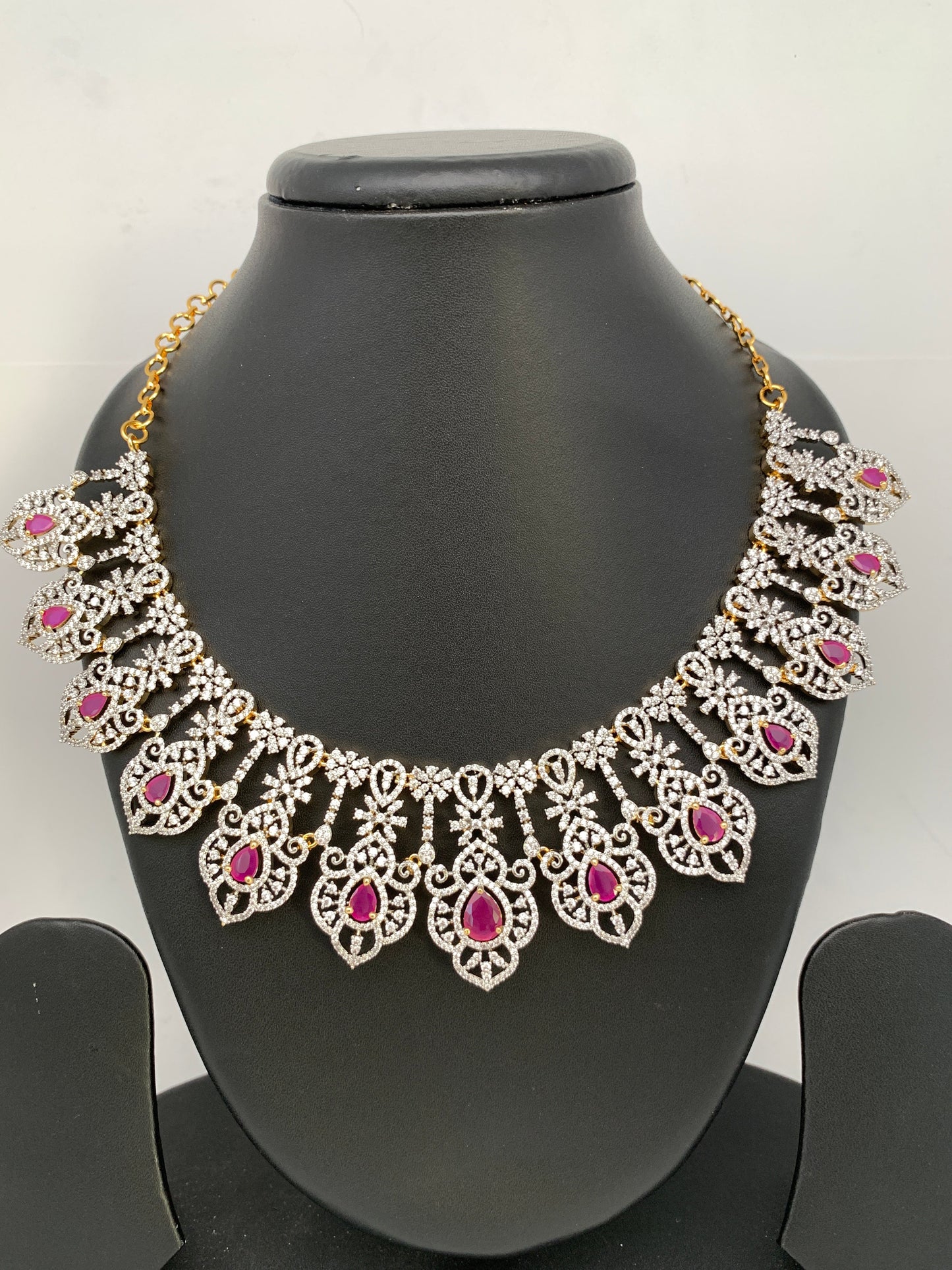 AD Ruby Red Stone Neckline Short Necklace