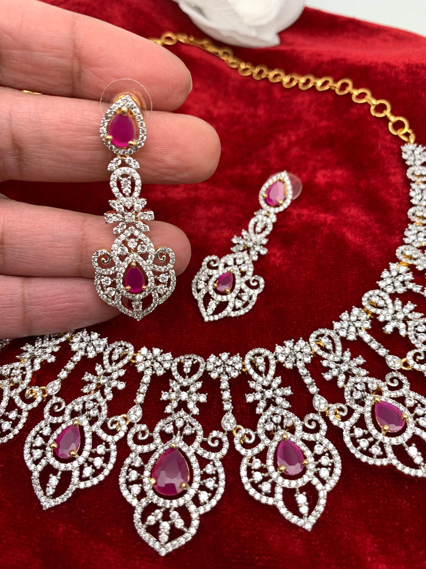 AD Ruby Red Stone Neckline Short Necklace
