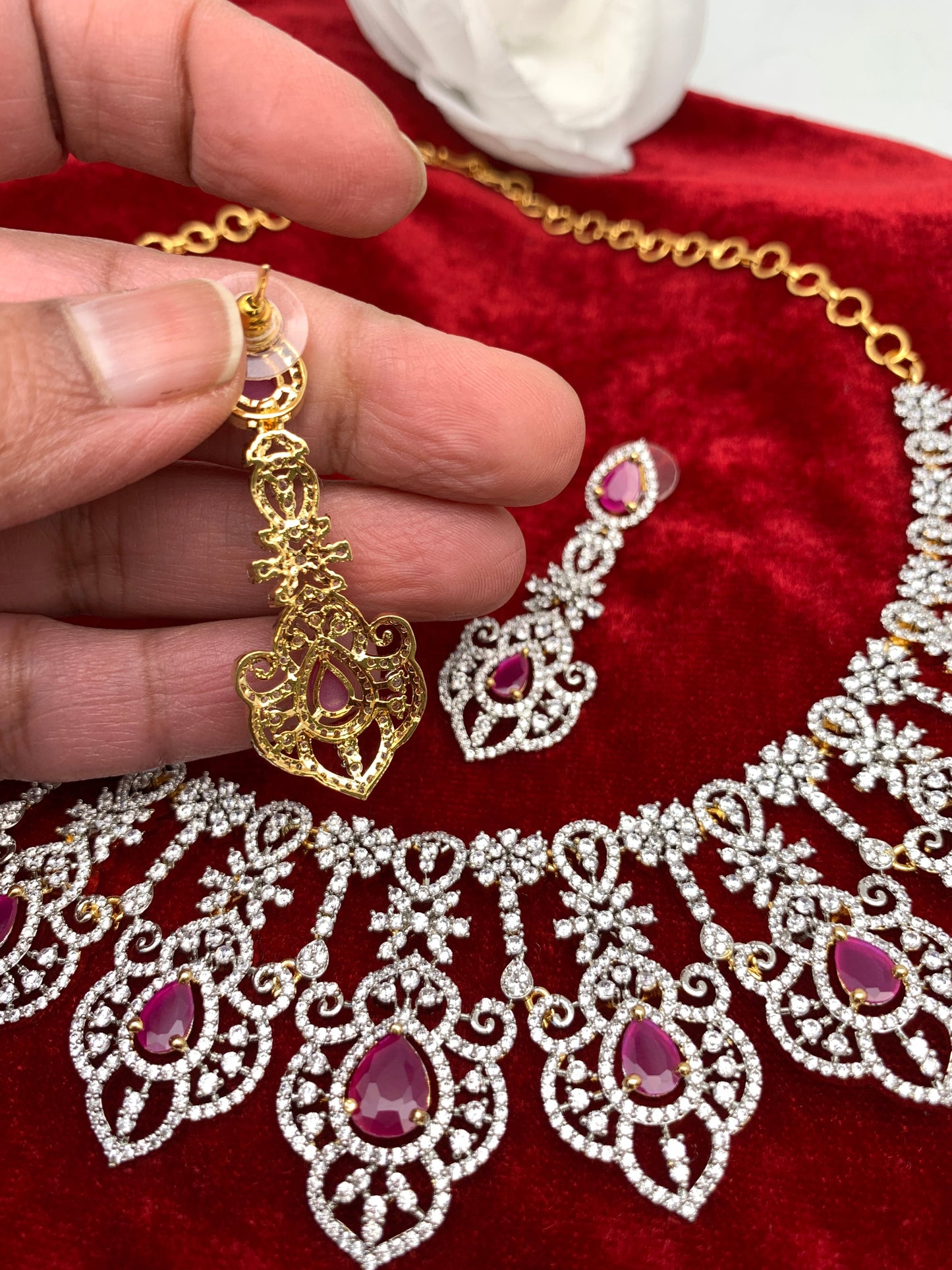 AD Ruby Red Stone Neckline Short Necklace