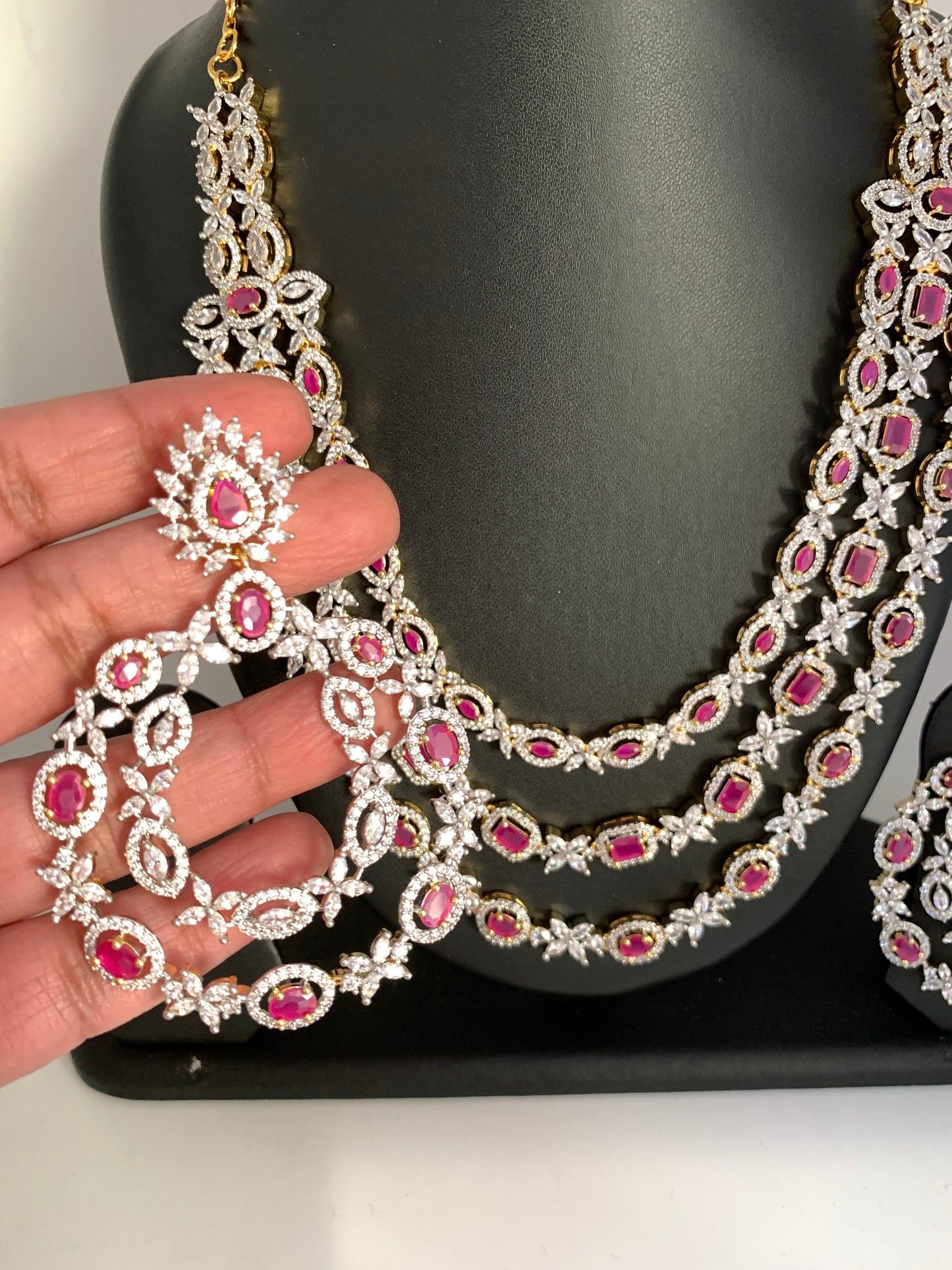 AD Ruby Red Stone Three Layer Short Necklace
