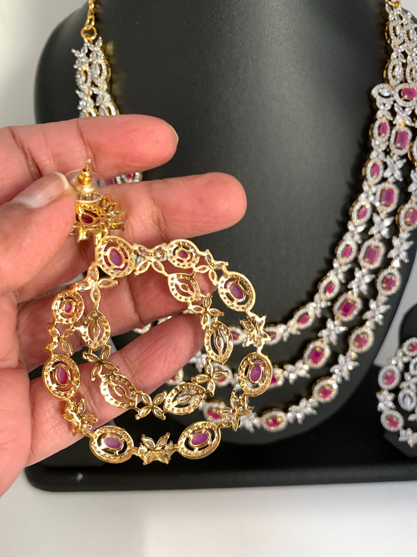 AD Ruby Red Stone Three Layer Short Necklace