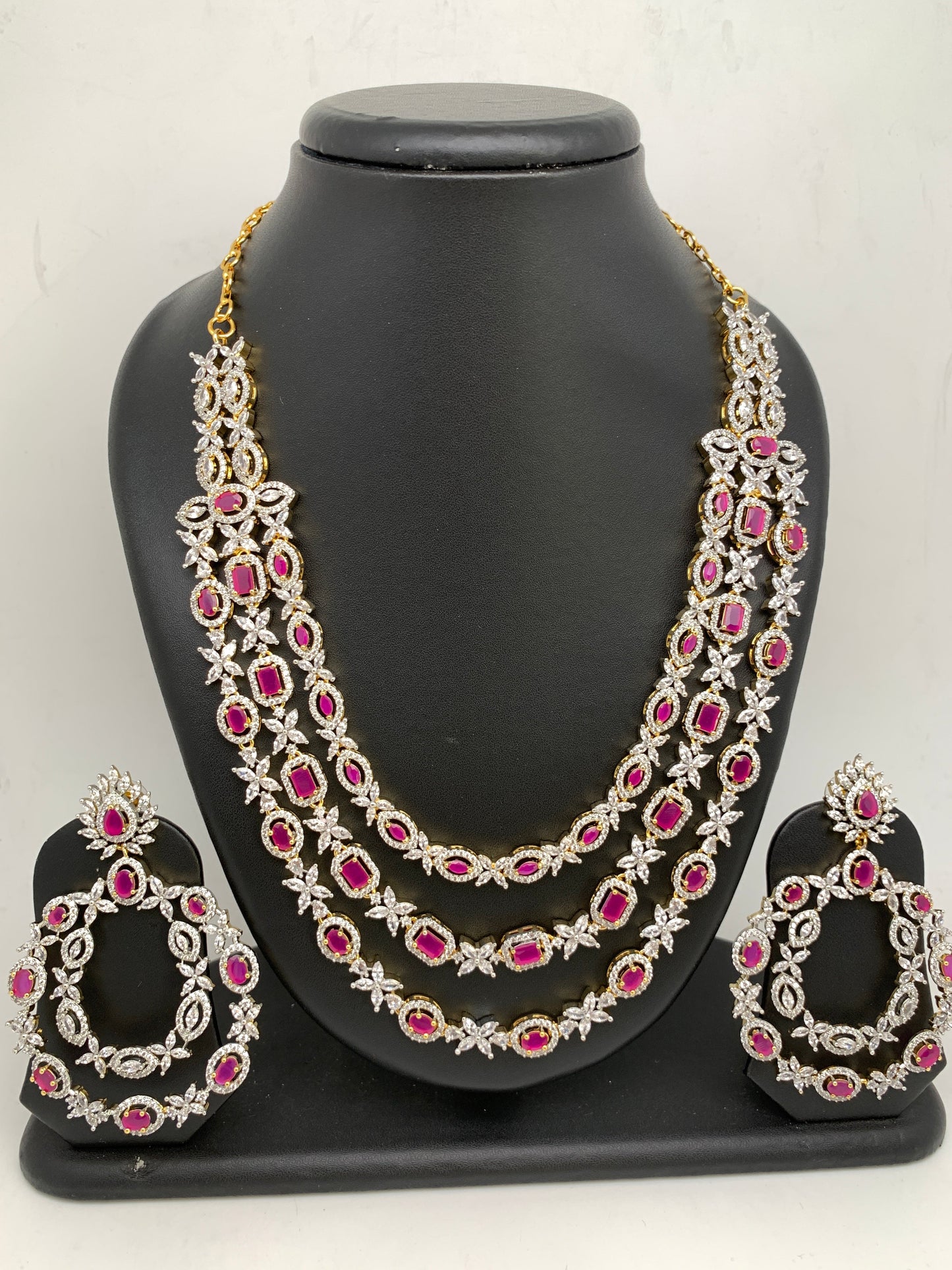 AD Ruby Red Stone Three Layer Short Necklace