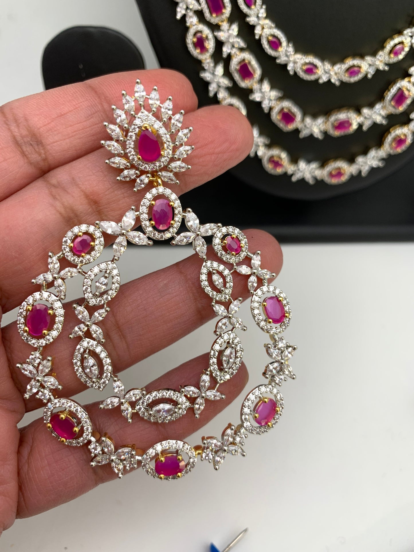 AD Ruby Red Stone Three Layer Short Necklace