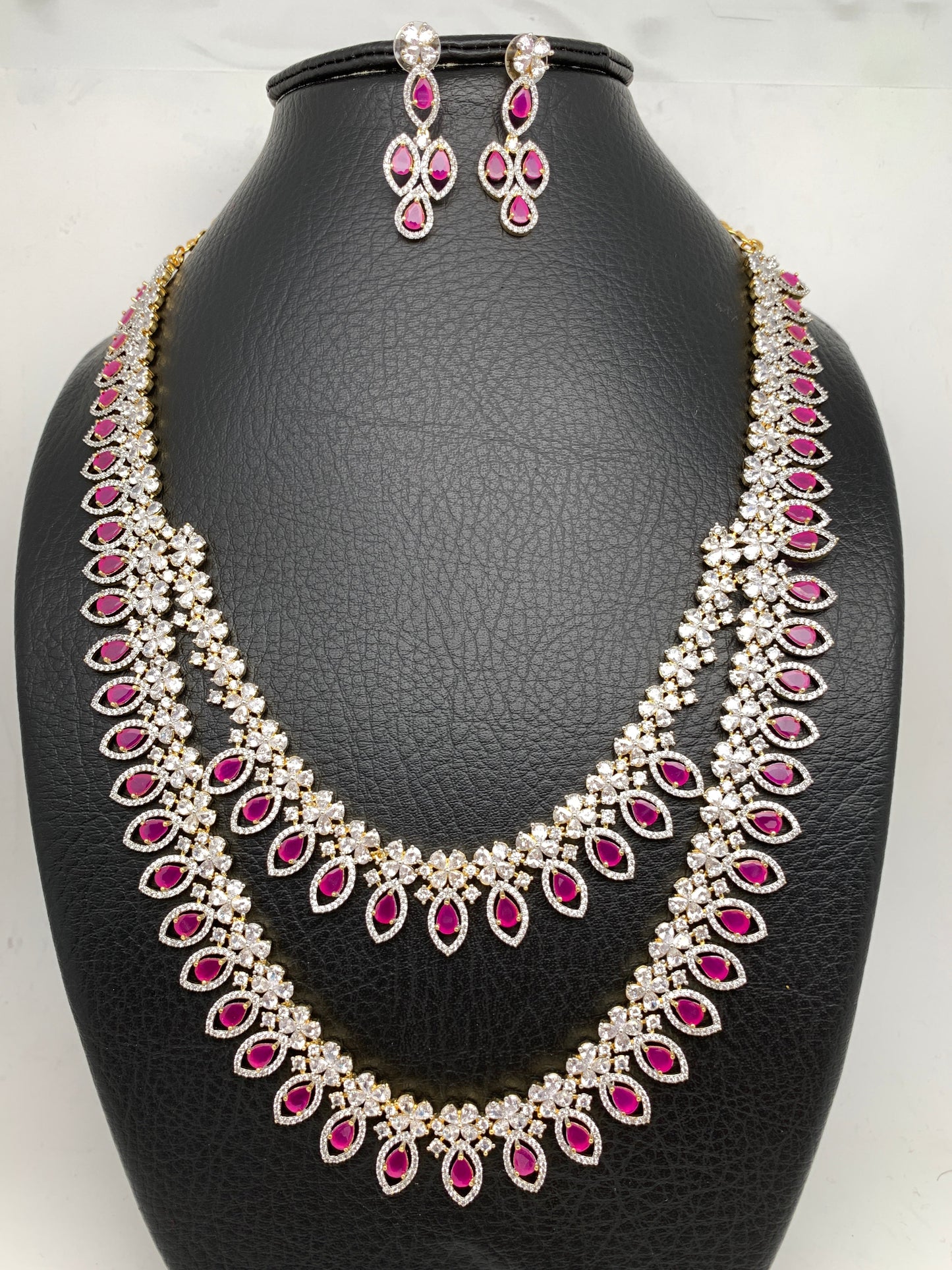 AD Ruby Red Stone Double Layer Long Necklace