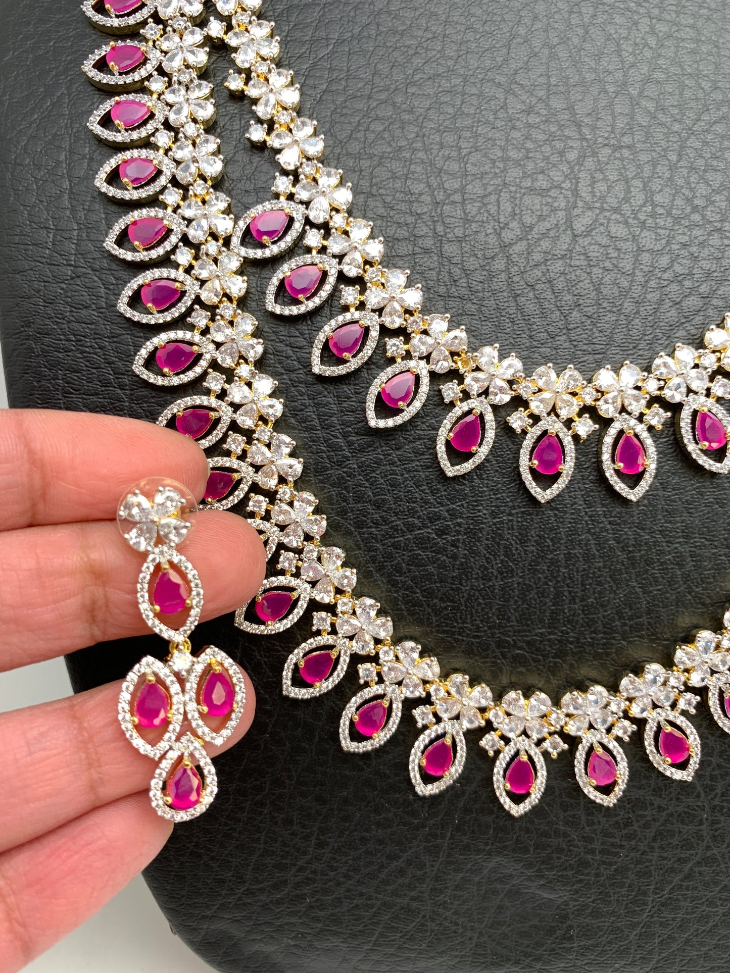 AD Ruby Red Stone Double Layer Long Necklace