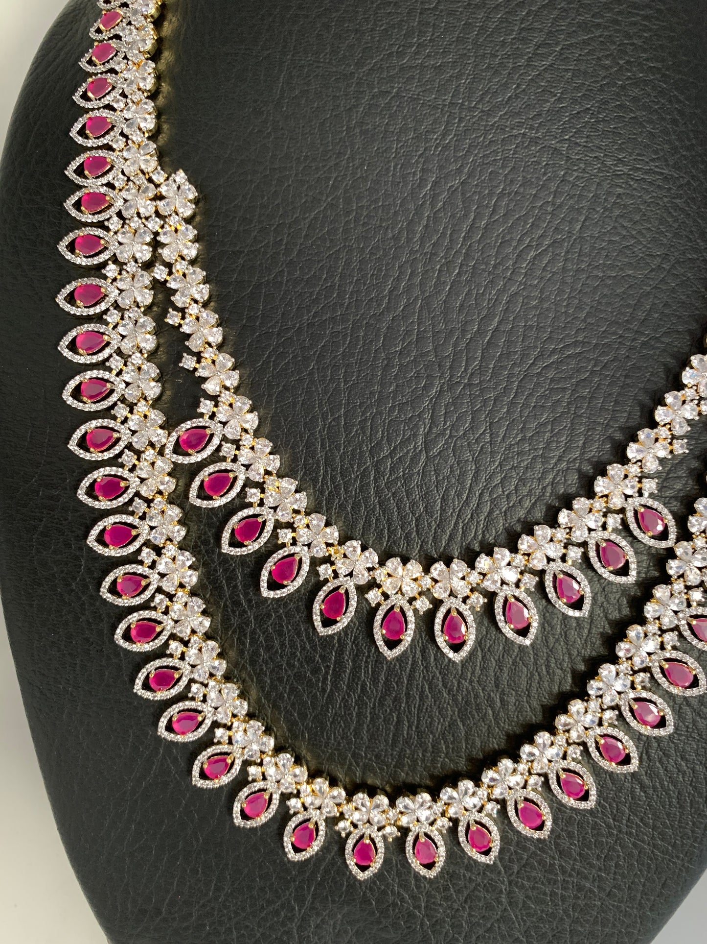 AD Ruby Red Stone Double Layer Long Necklace