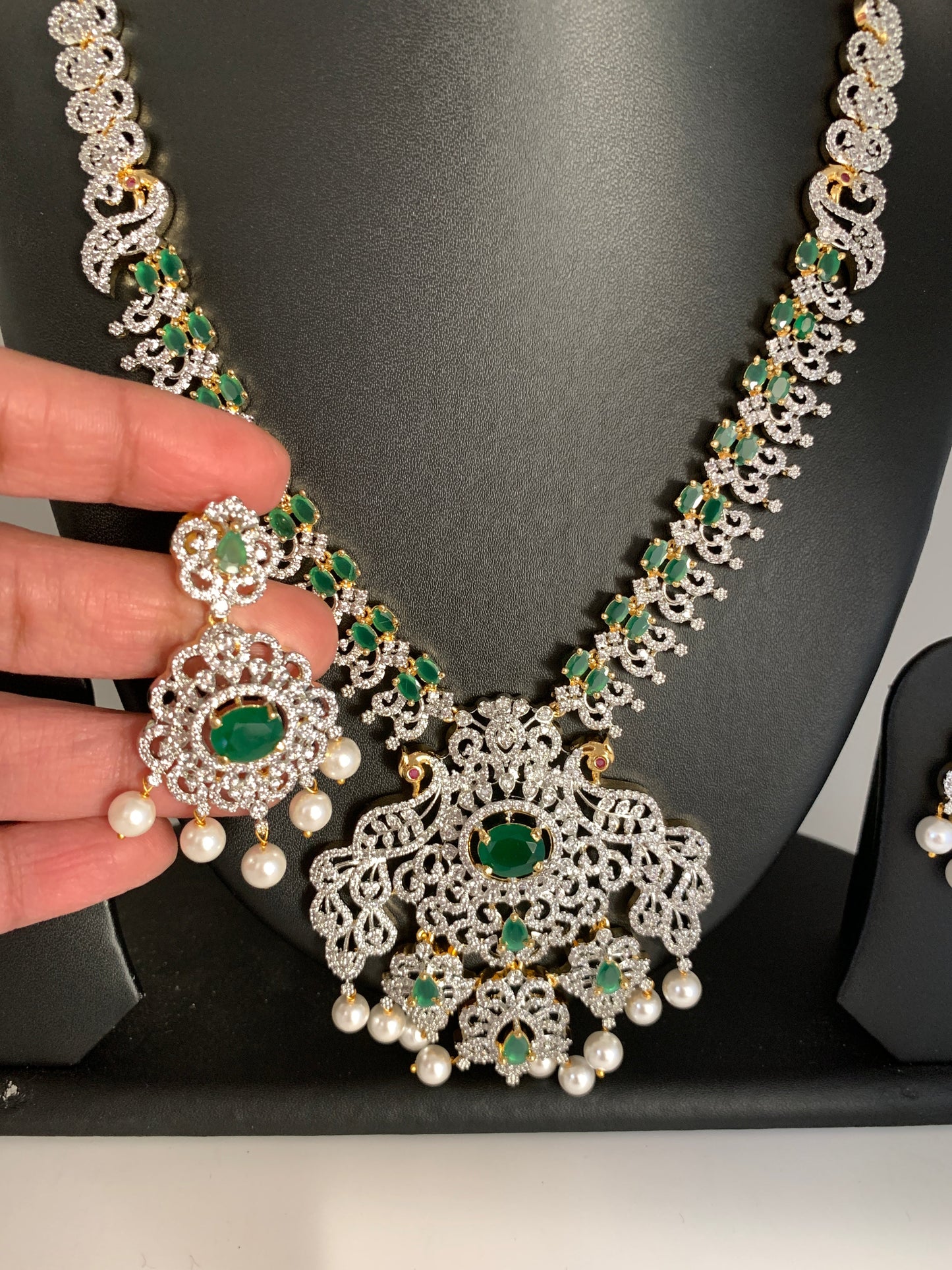 AD Emerald Green Stone Peacock Design Short Necklace