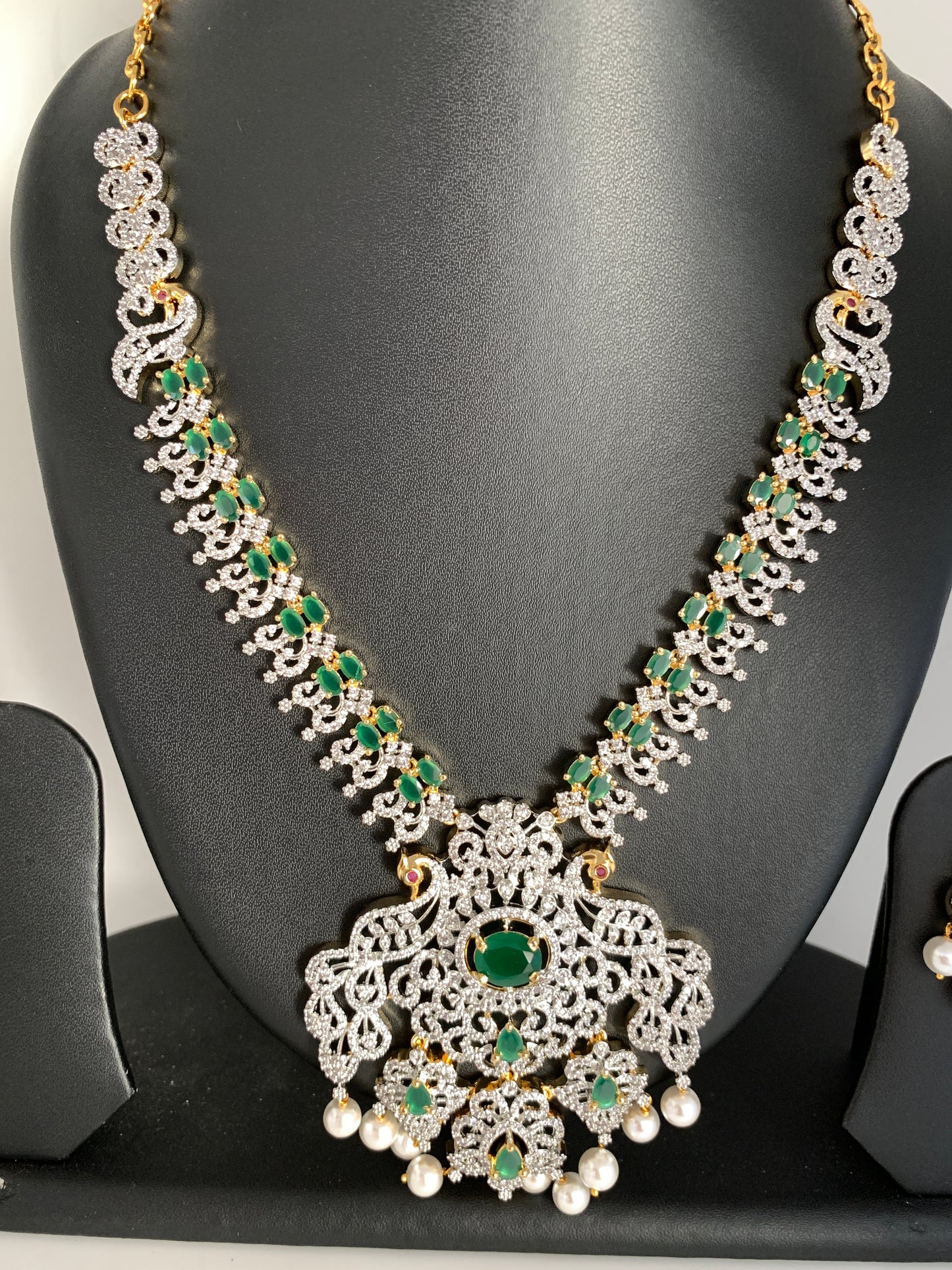AD Emerald Green Stone Peacock Design Short Necklace