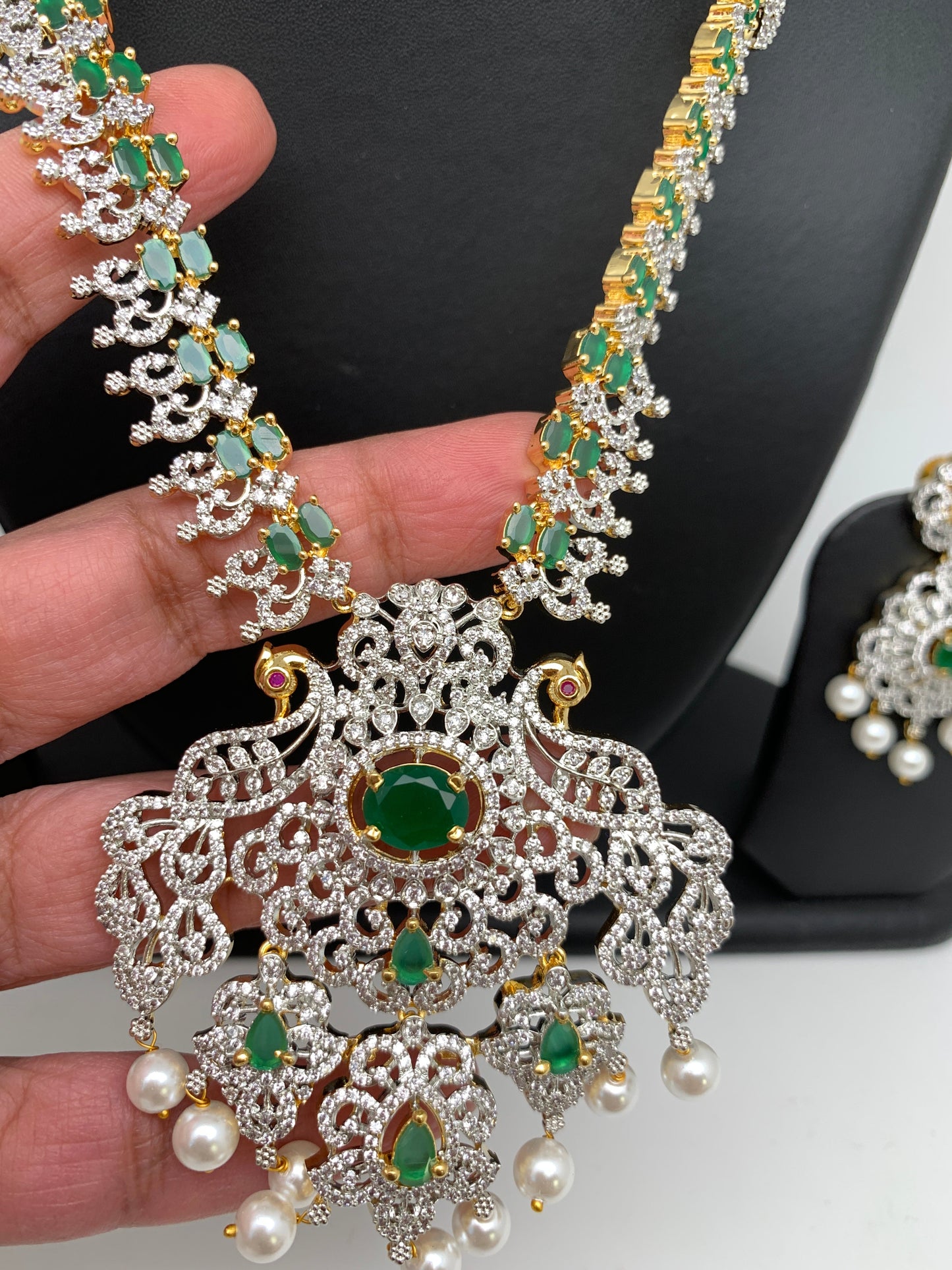 AD Emerald Green Stone Peacock Design Short Necklace