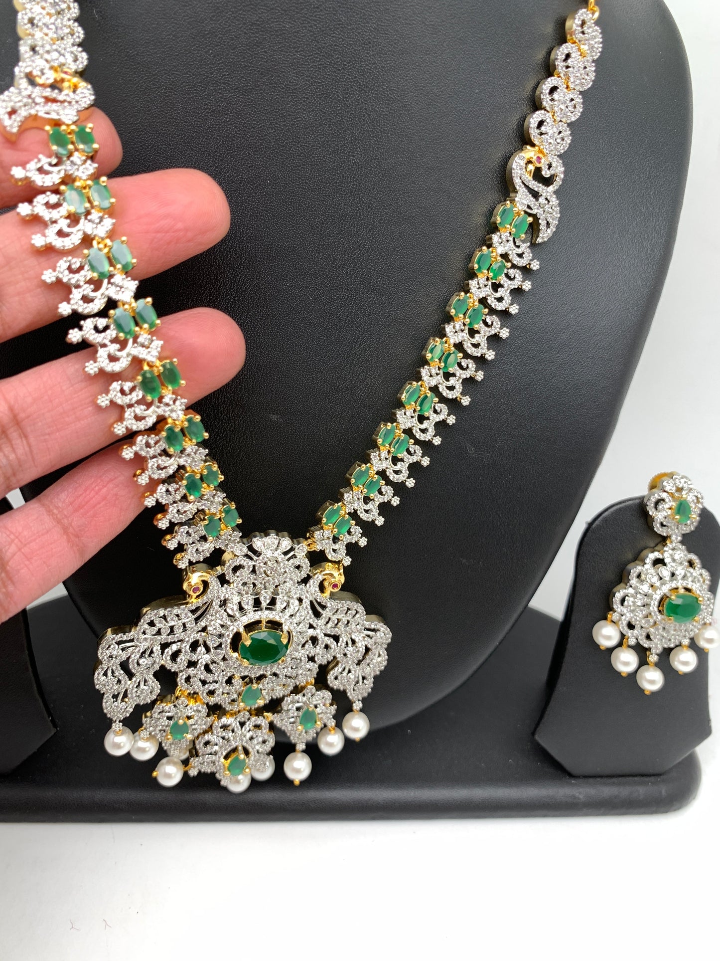 AD Emerald Green Stone Peacock Design Short Necklace